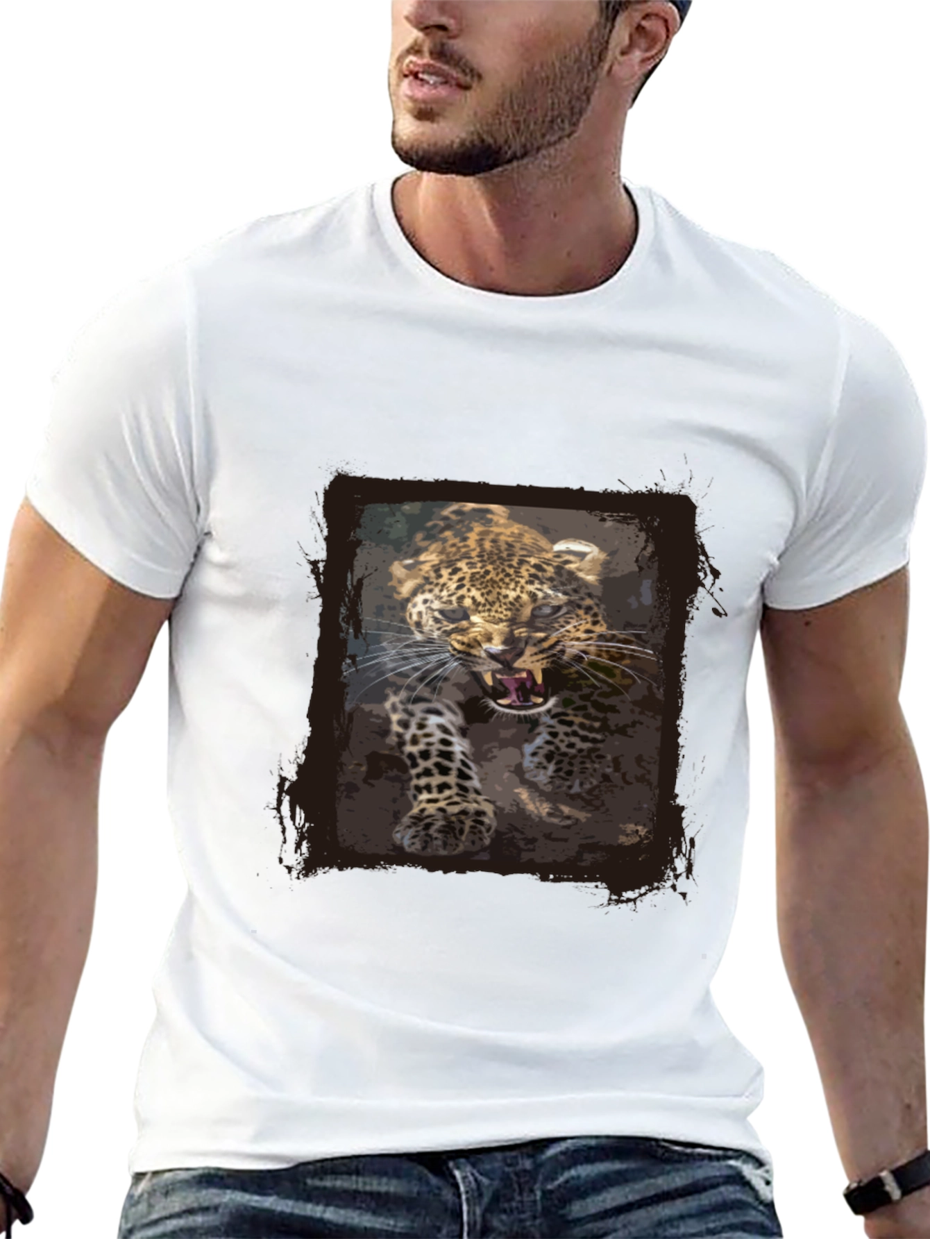 Leopard Print Graphic Tee - Black Cotton T-Shirt