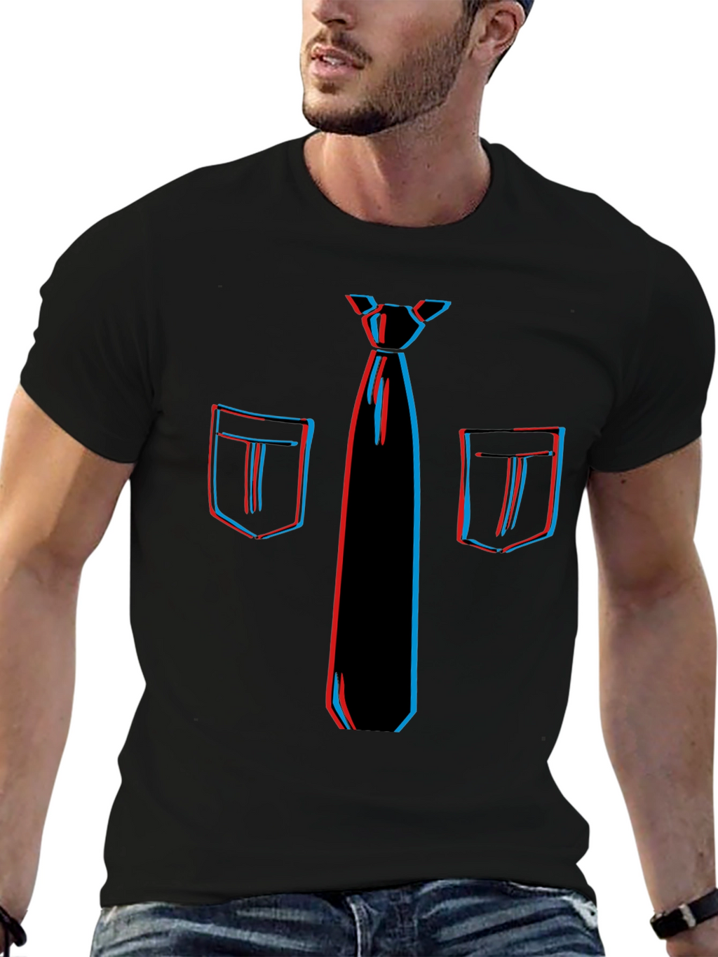 Novelty 3D Tie & Pocket Print Black T-Shirt