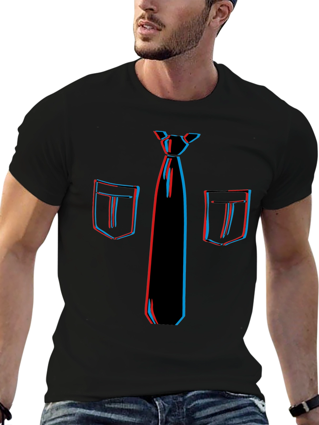 Novelty 3D Tie & Pocket Print Black T-Shirt