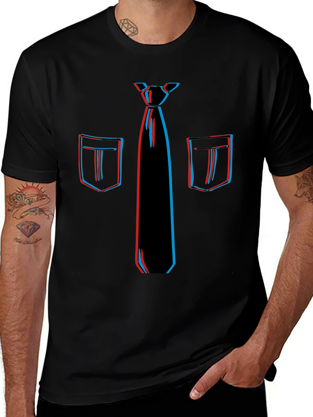 Novelty 3D Tie & Pocket Print Black T-Shirt