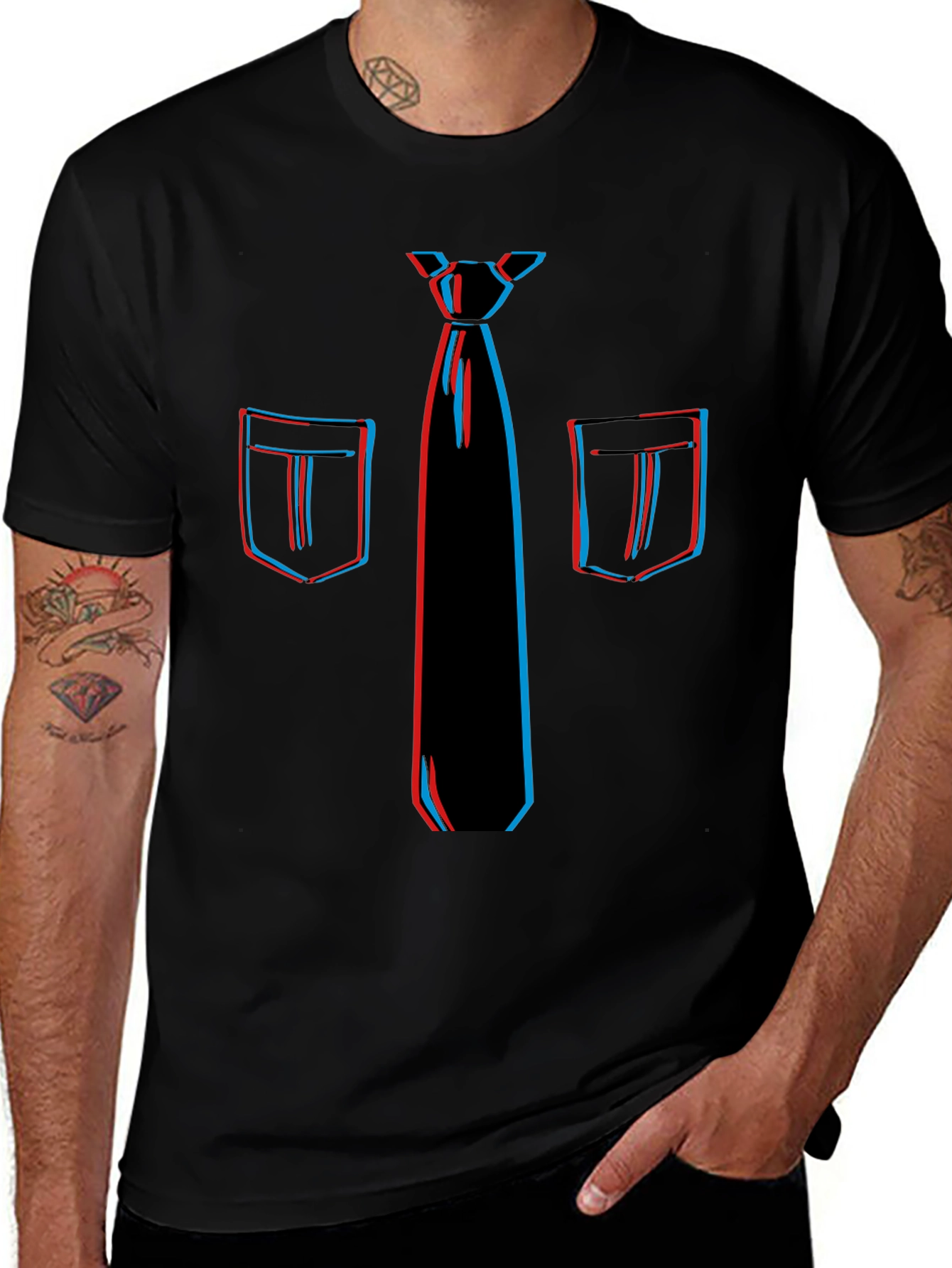 Novelty 3D Tie & Pocket Print Black T-Shirt