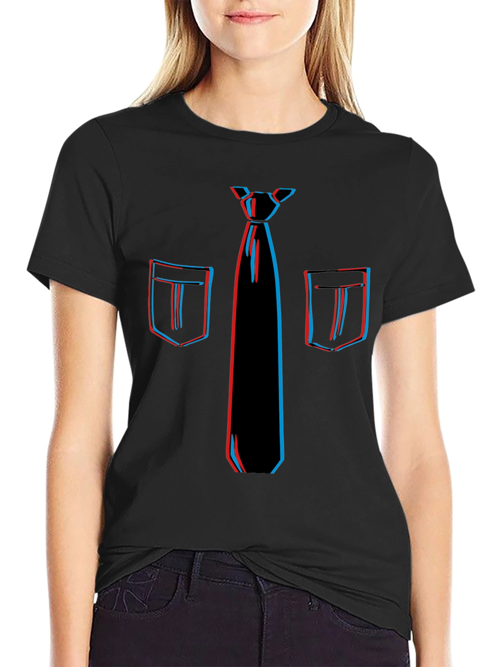 Novelty 3D Tie & Pocket Print Black T-Shirt