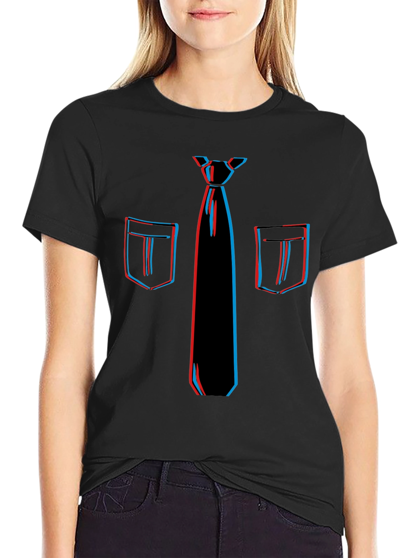 Novelty 3D Tie & Pocket Print Black T-Shirt