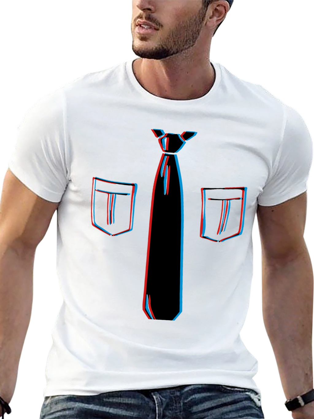 Novelty 3D Tie & Pocket Print Black T-Shirt