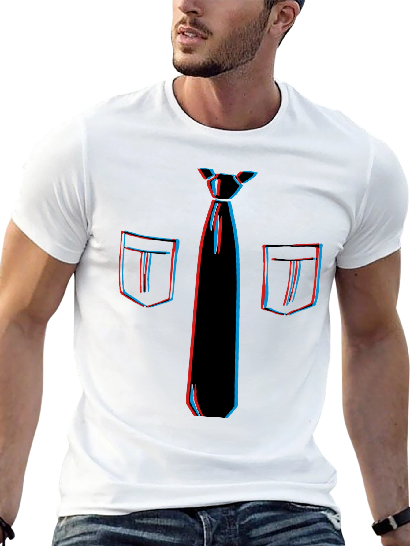 Novelty 3D Tie & Pocket Print Black T-Shirt