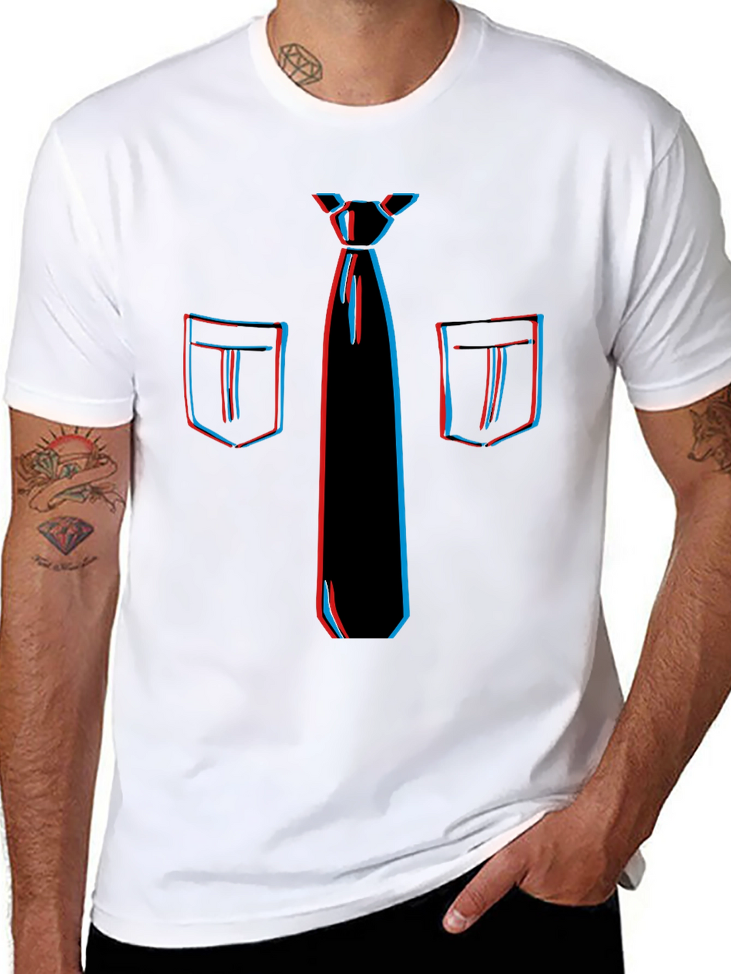 Novelty 3D Tie & Pocket Print Black T-Shirt