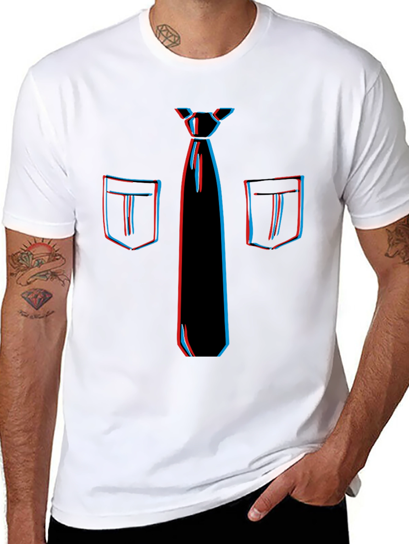Novelty 3D Tie & Pocket Print Black T-Shirt