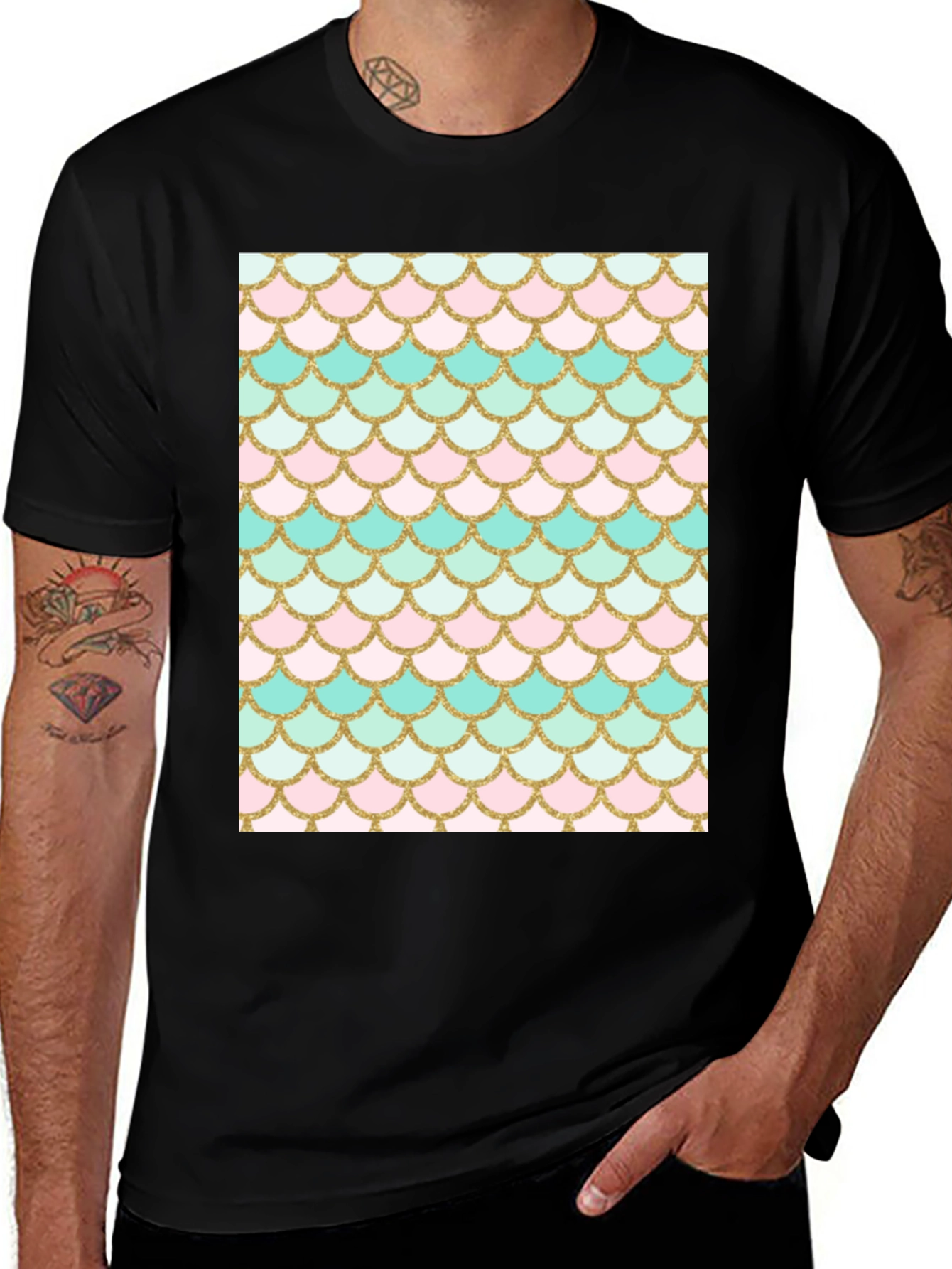 Mermaid Scale Graphic Tee - Black Cotton Blend Casual Shirt