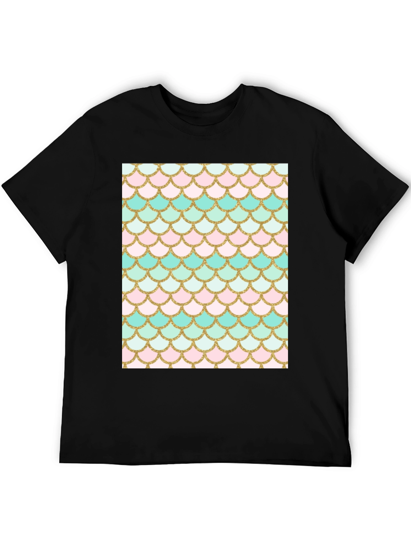 Mermaid Scale Graphic Tee - Black Cotton Blend Casual Shirt