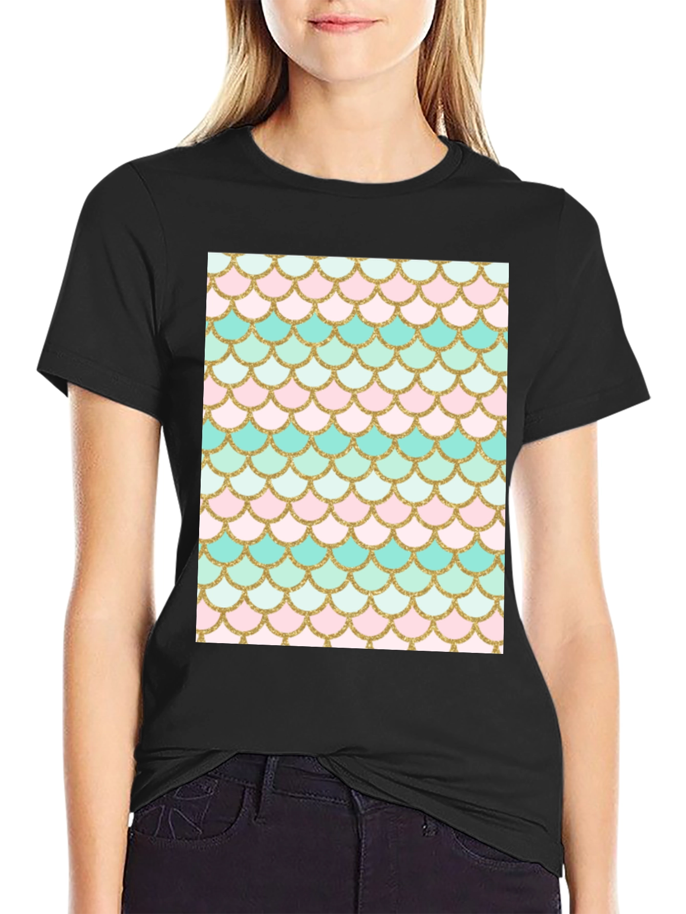 Mermaid Scale Graphic Tee - Black Cotton Blend Casual Shirt