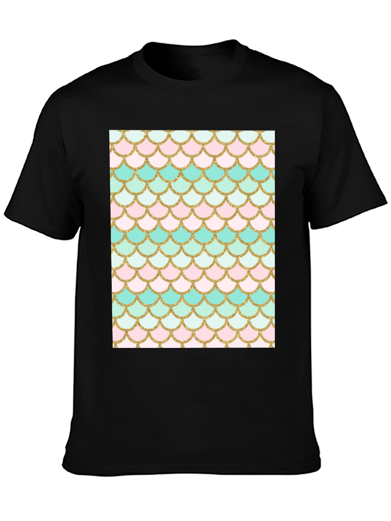 Mermaid Scale Graphic Tee - Black Cotton Blend Casual Shirt