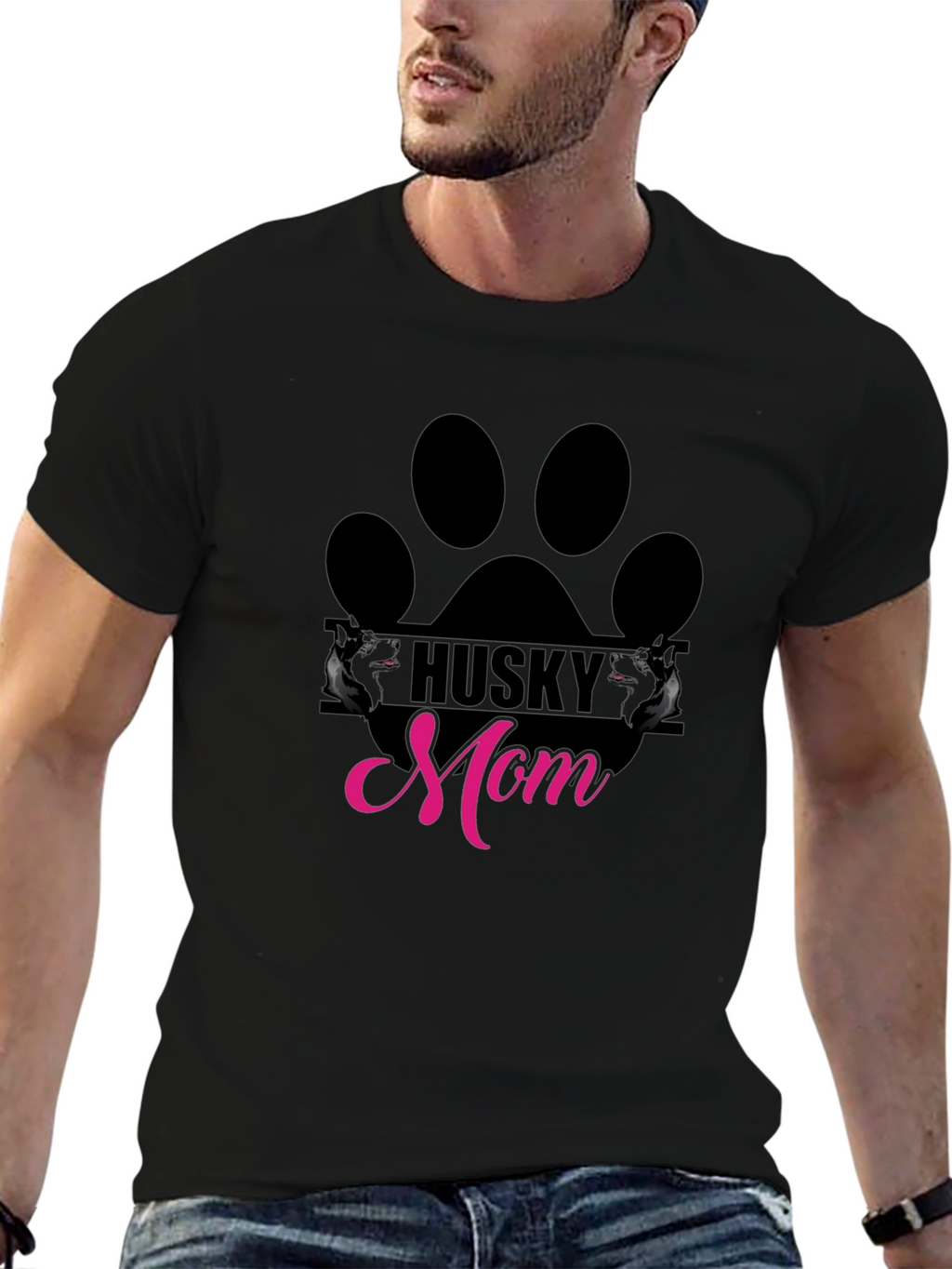 Husky Mom Paw Print Graphic Tee - Black