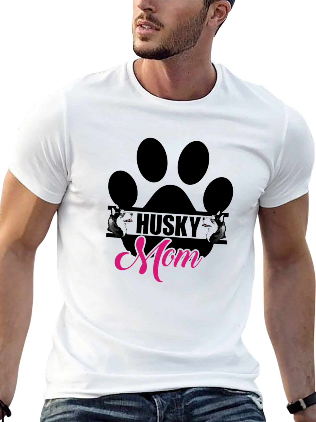 Husky Mom Paw Print Graphic Tee - Black