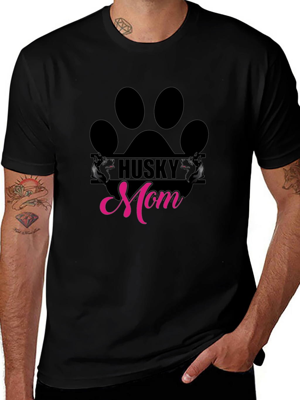 Husky Mom Paw Print Graphic Tee - Black