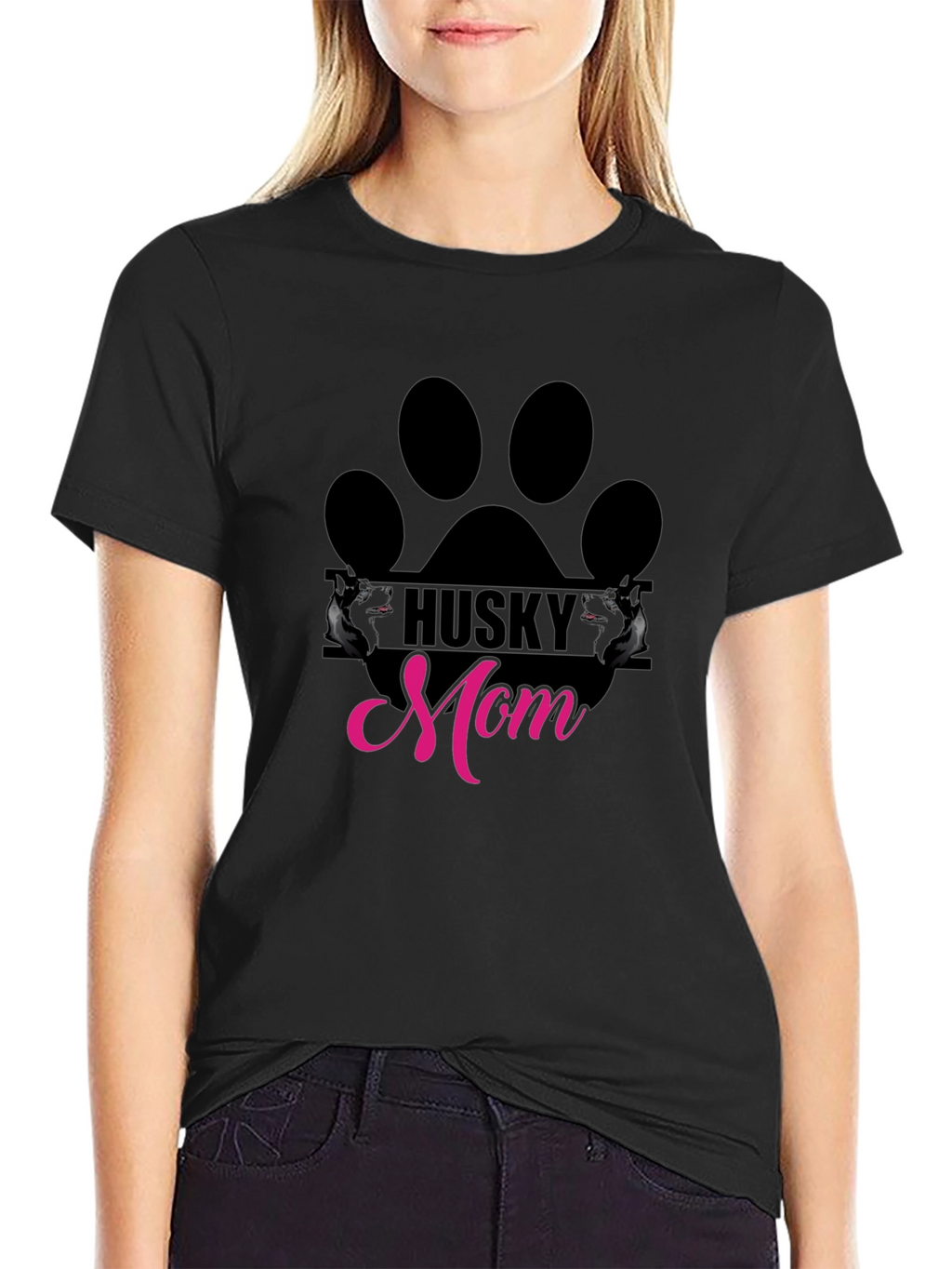 Husky Mom Paw Print Graphic Tee - Black