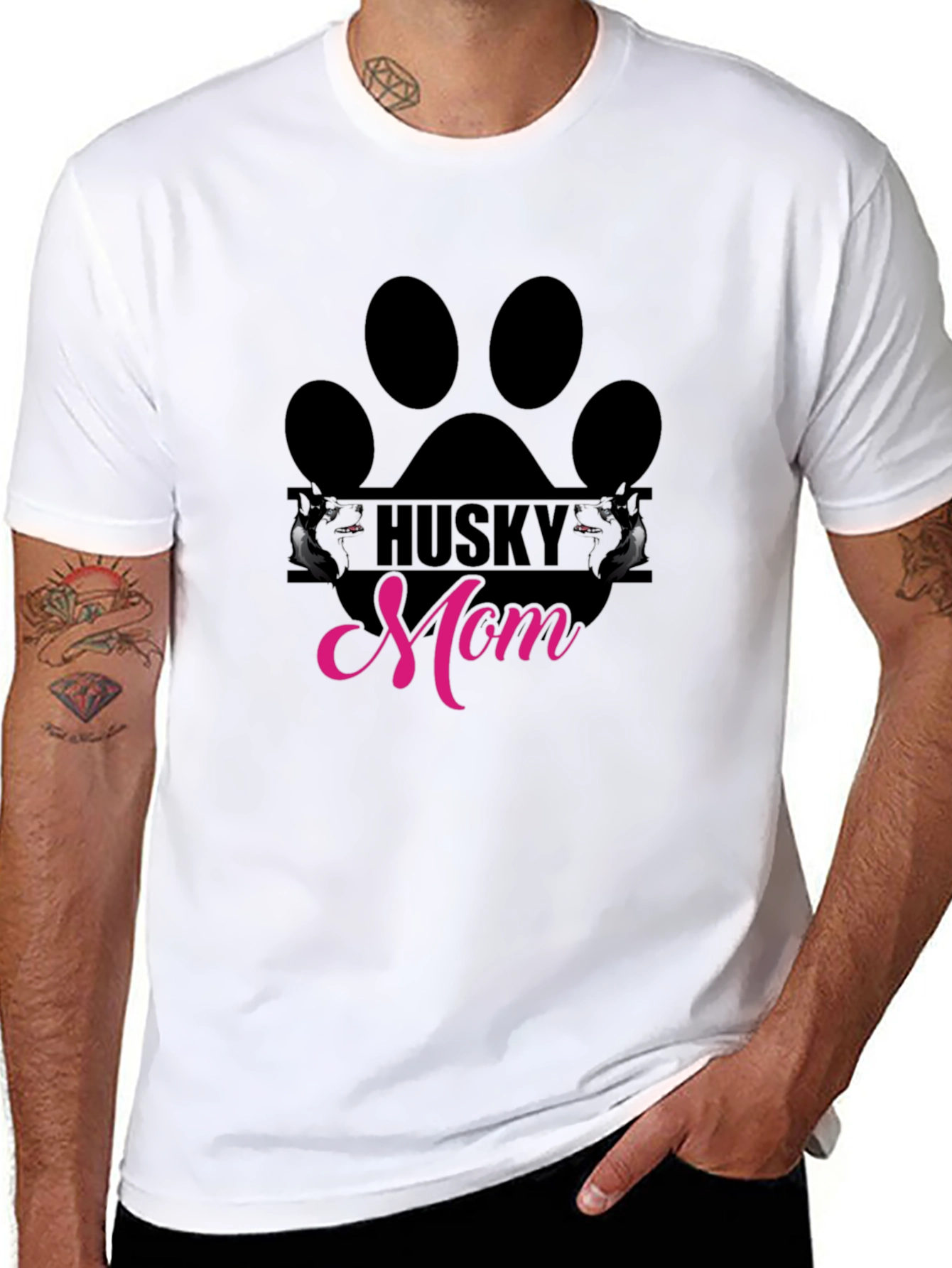 Husky Mom Paw Print Graphic Tee - Black