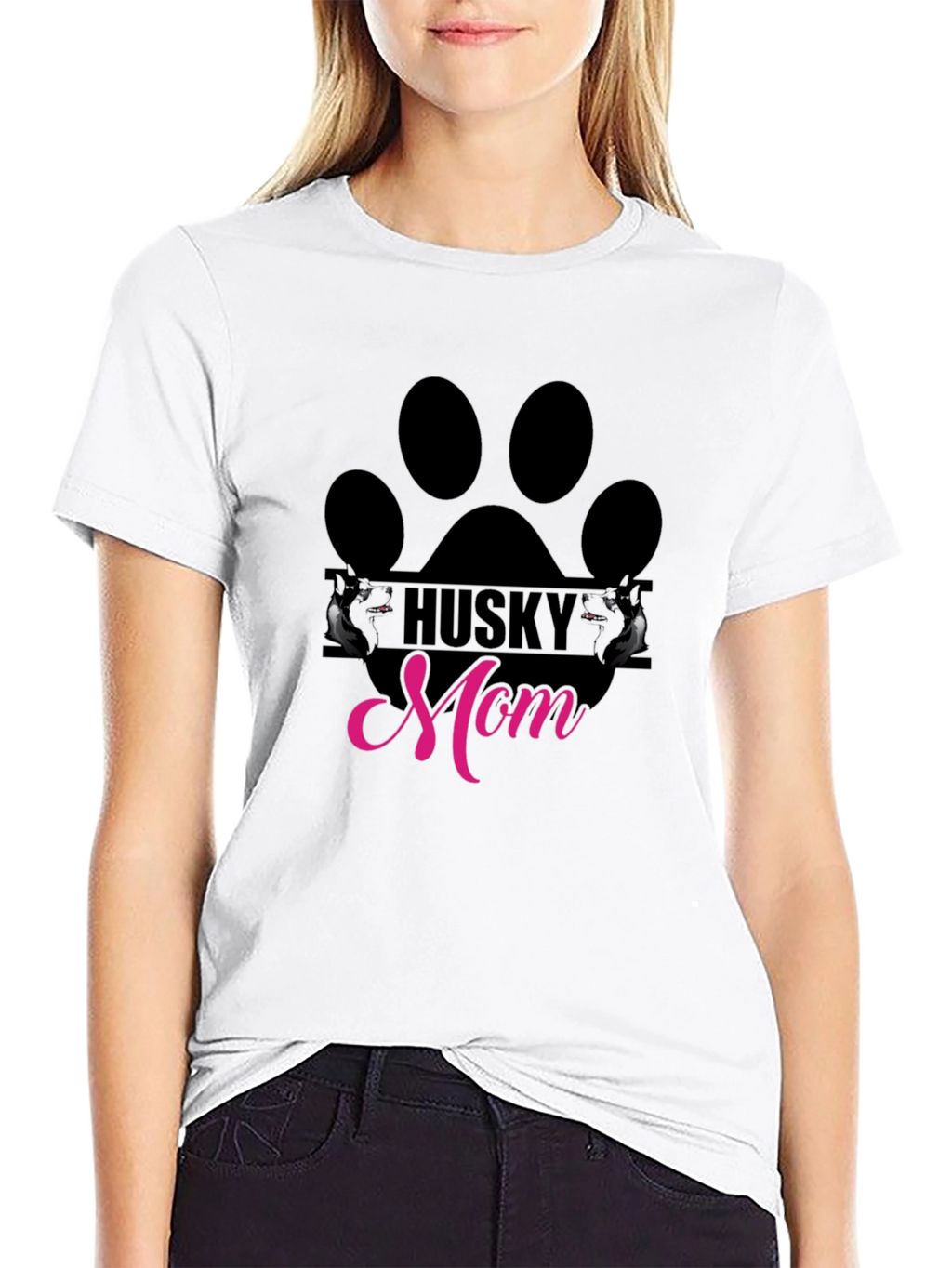 Husky Mom Paw Print Graphic Tee - Black