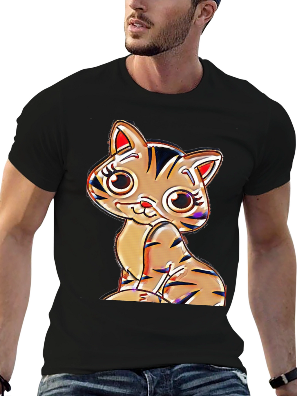 Cute Cartoon Cat T-Shirt - Black Cotton Blend