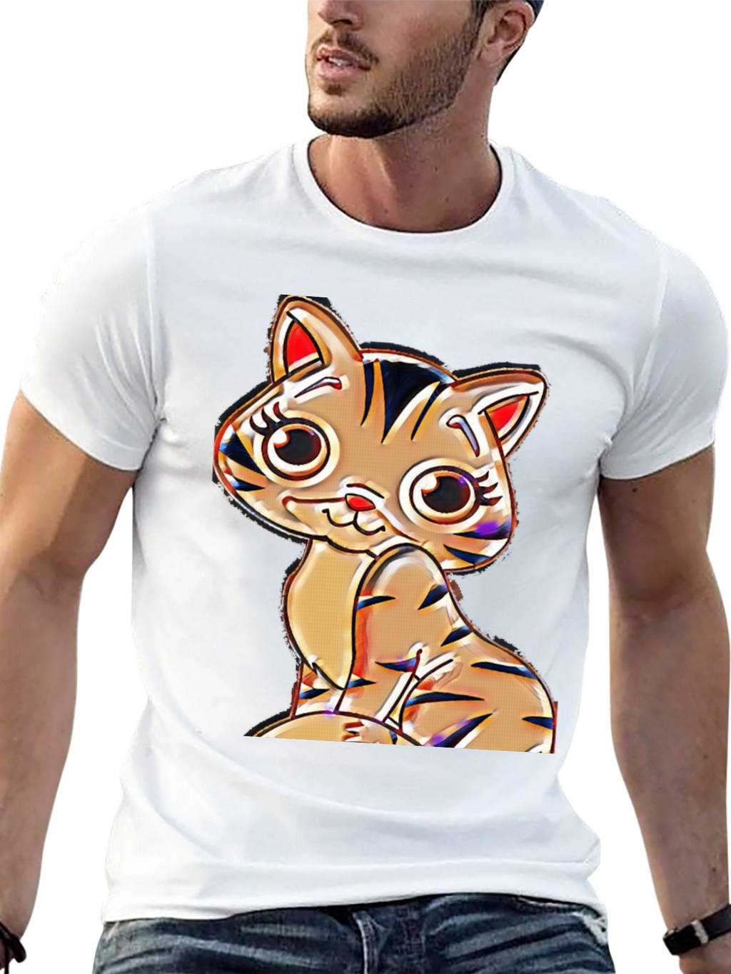 Cute Cartoon Cat T-Shirt - Black Cotton Blend