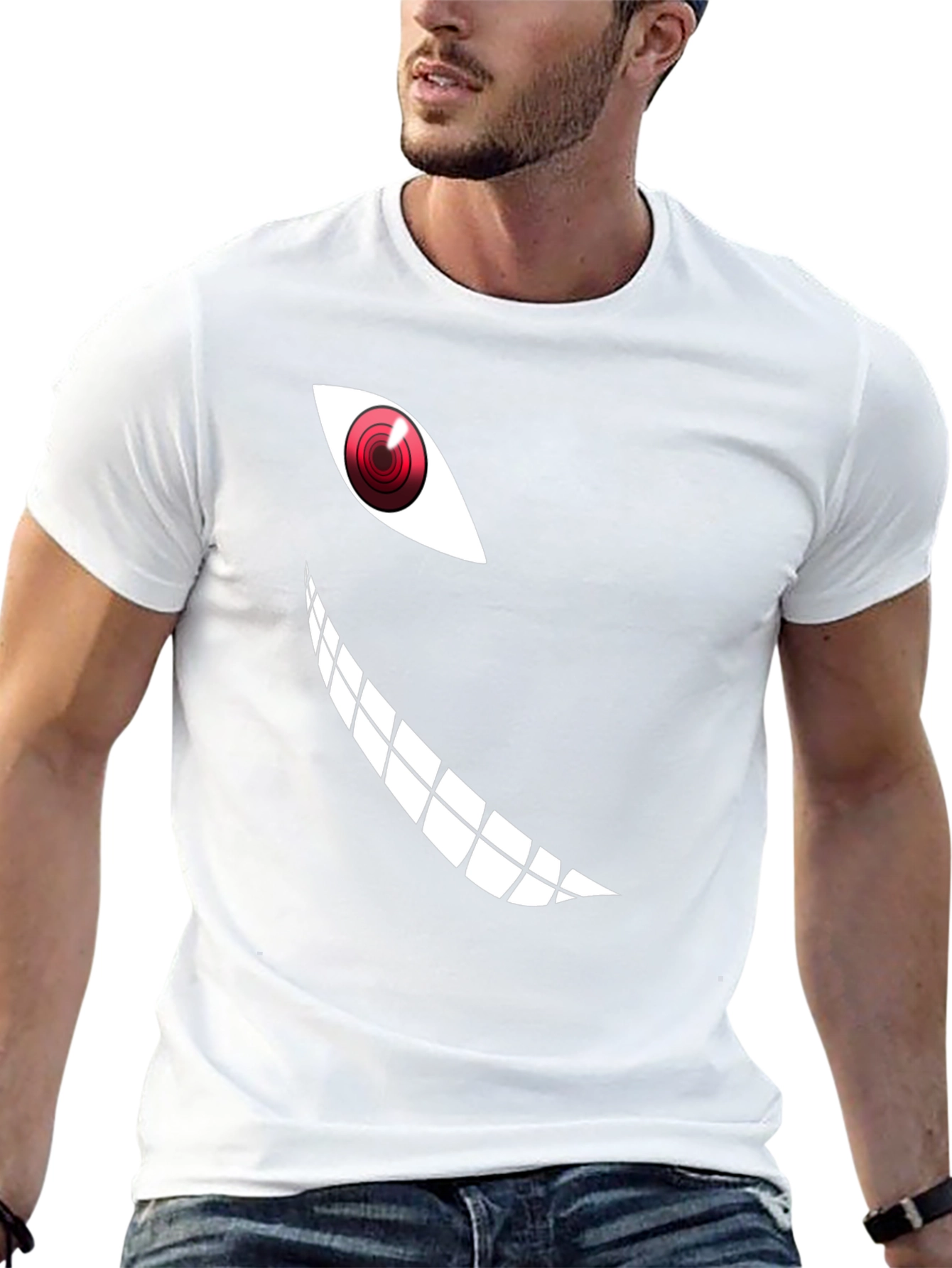 Mens Black T-Shirt with Anime Eye and Teeth Graphic