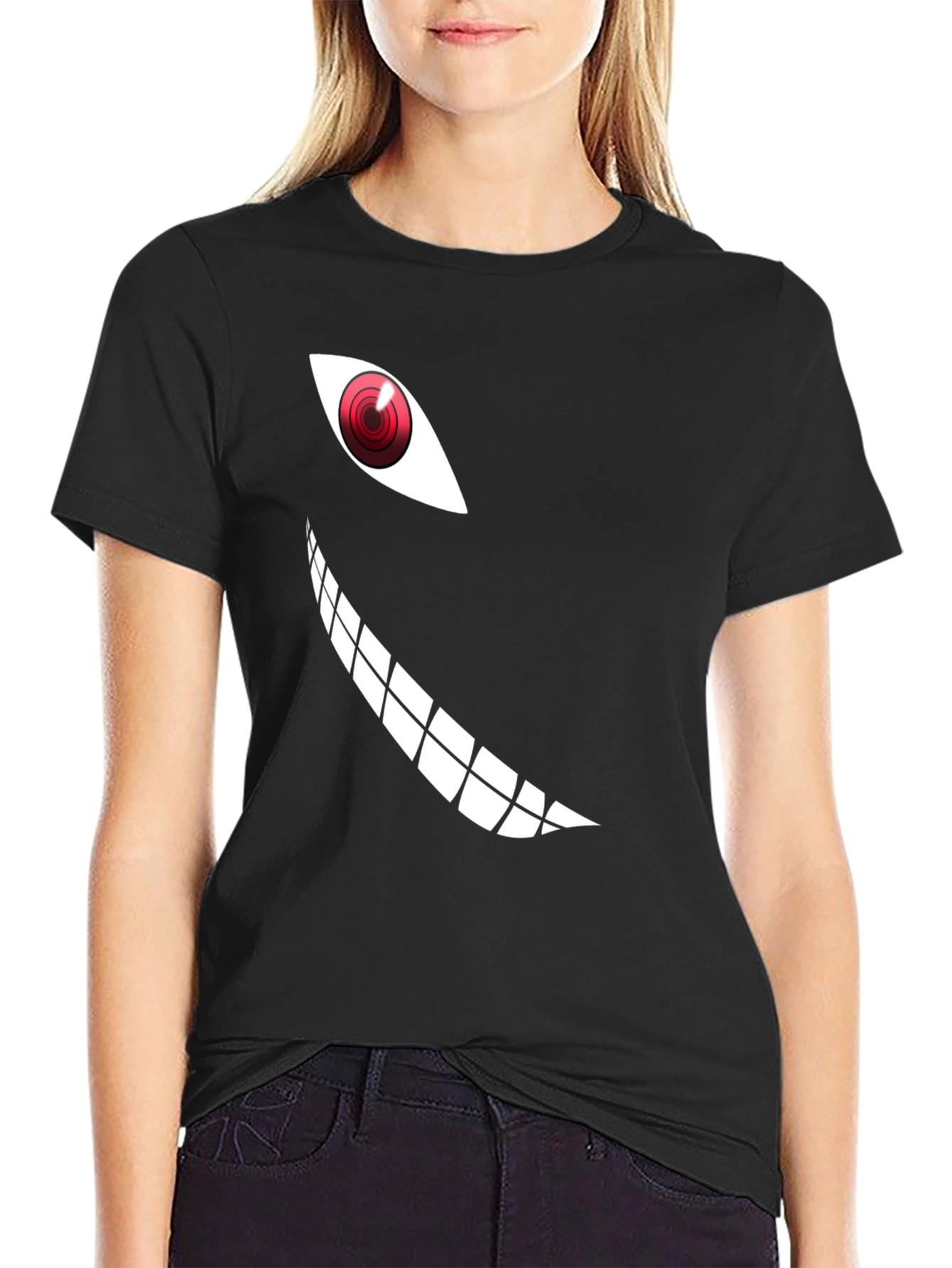 Mens Black T-Shirt with Anime Eye and Teeth Graphic