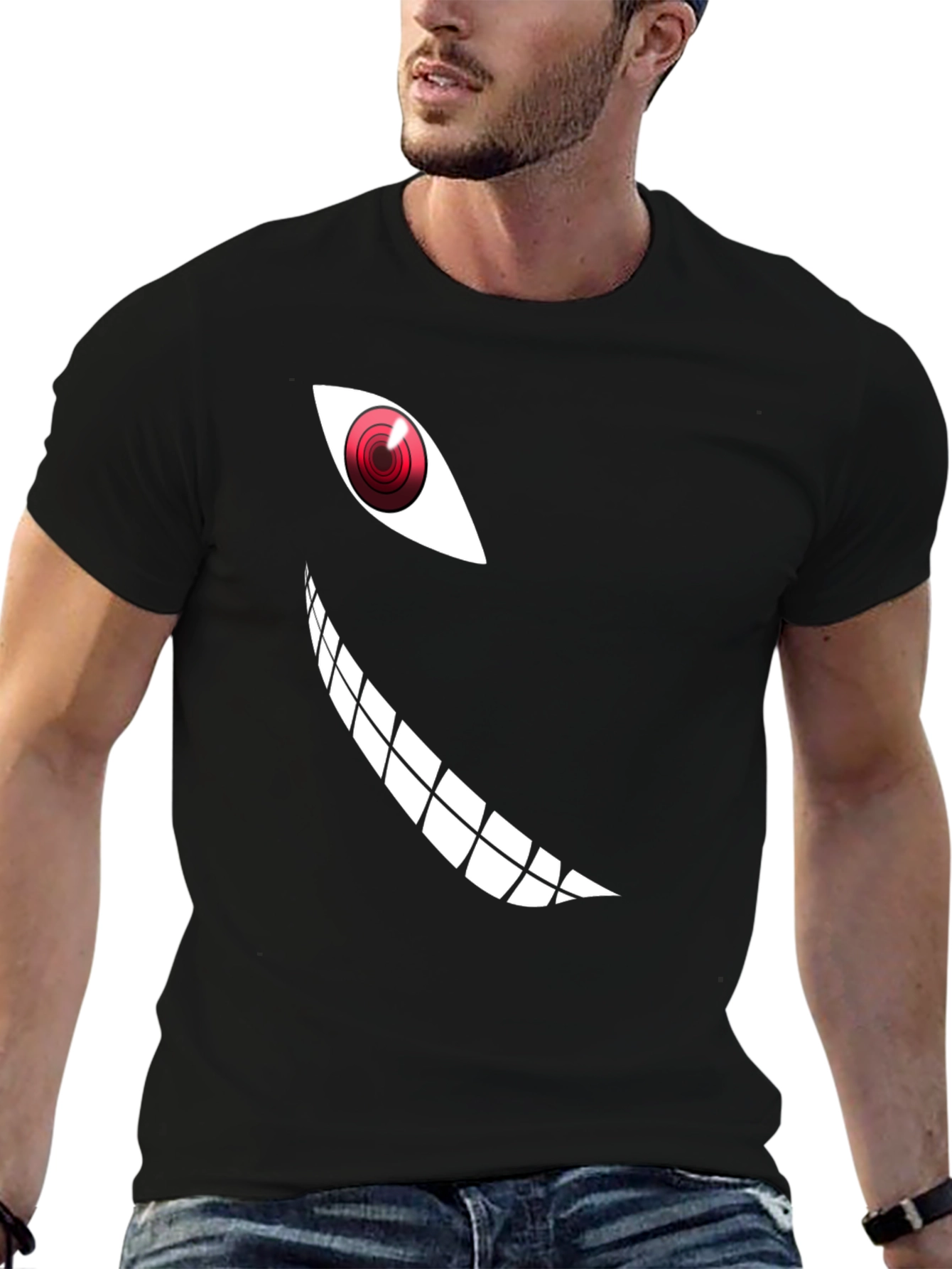 Mens Black T-Shirt with Anime Eye and Teeth Graphic