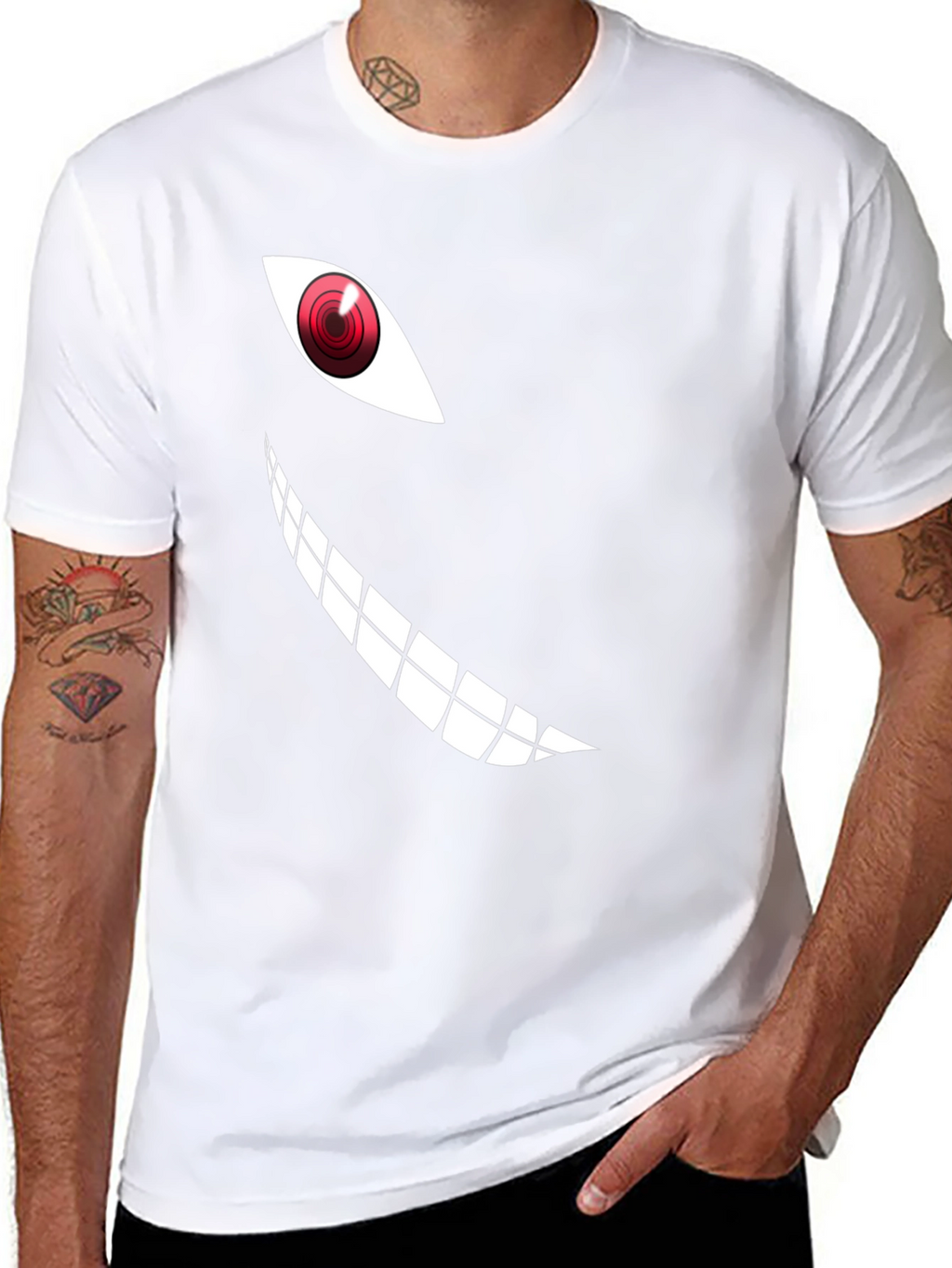 Mens Black T-Shirt with Anime Eye and Teeth Graphic