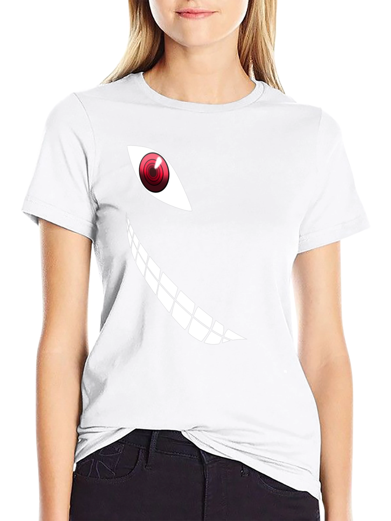Mens Black T-Shirt with Anime Eye and Teeth Graphic