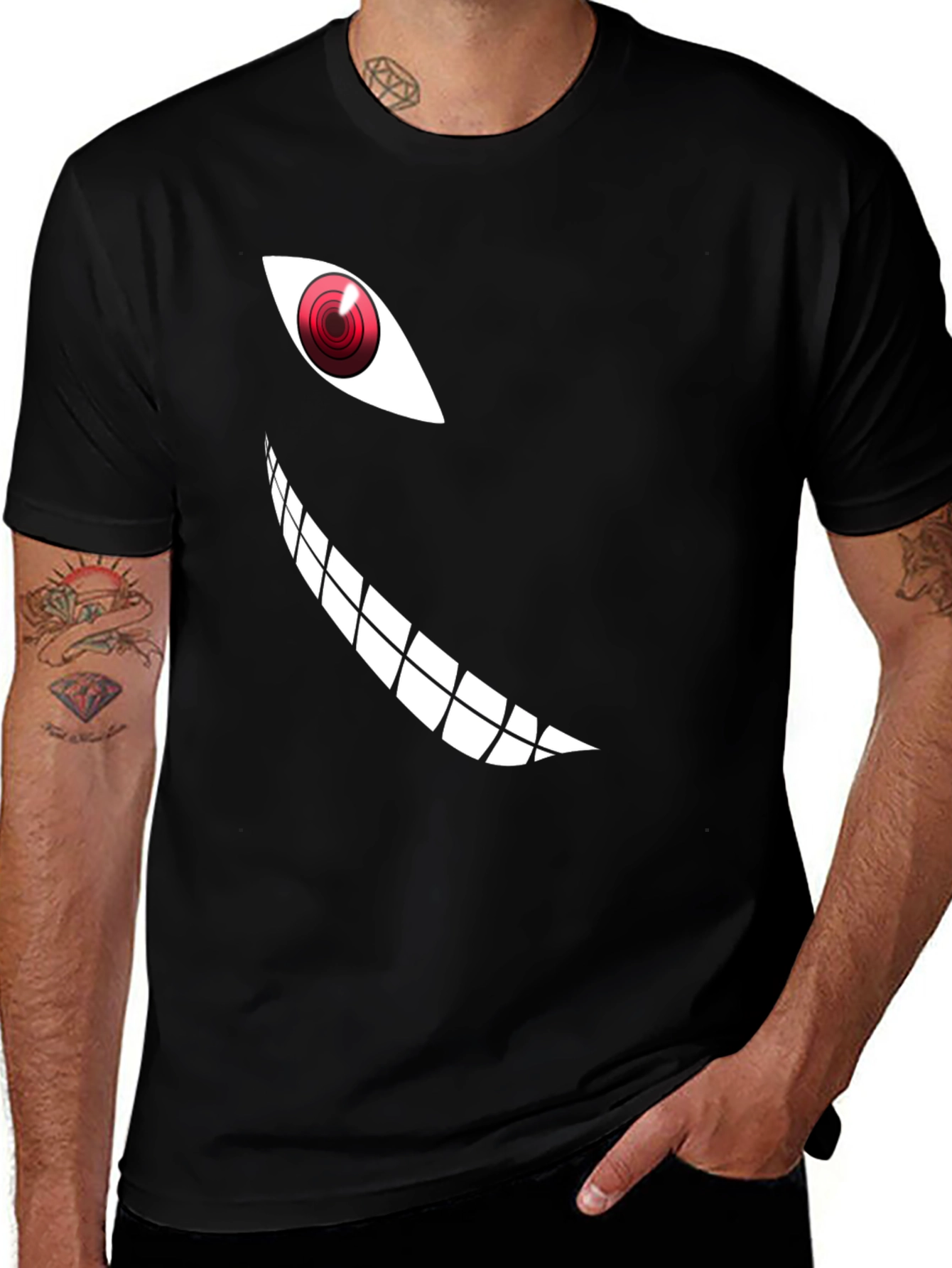 Mens Black T-Shirt with Anime Eye and Teeth Graphic