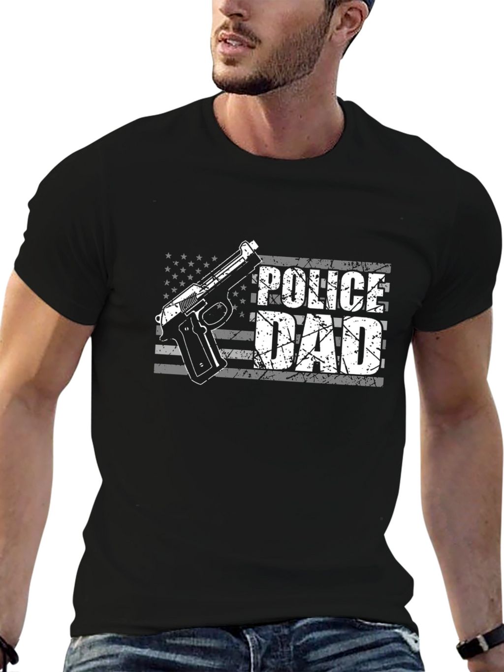 Police Dad T-Shirt - USA Flag Gun Graphic Tee