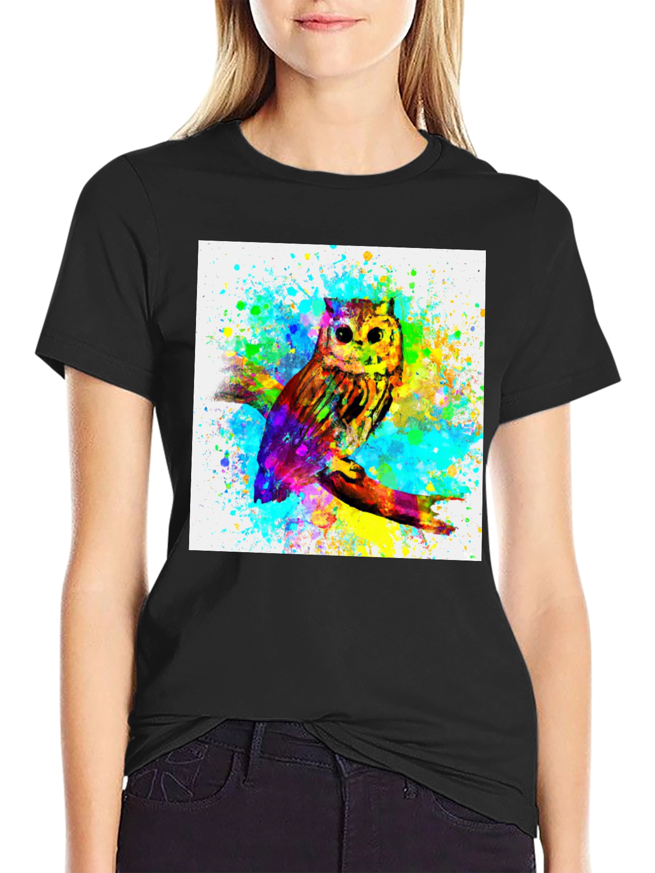 Watercolor Owl Graphic Black T-Shirt