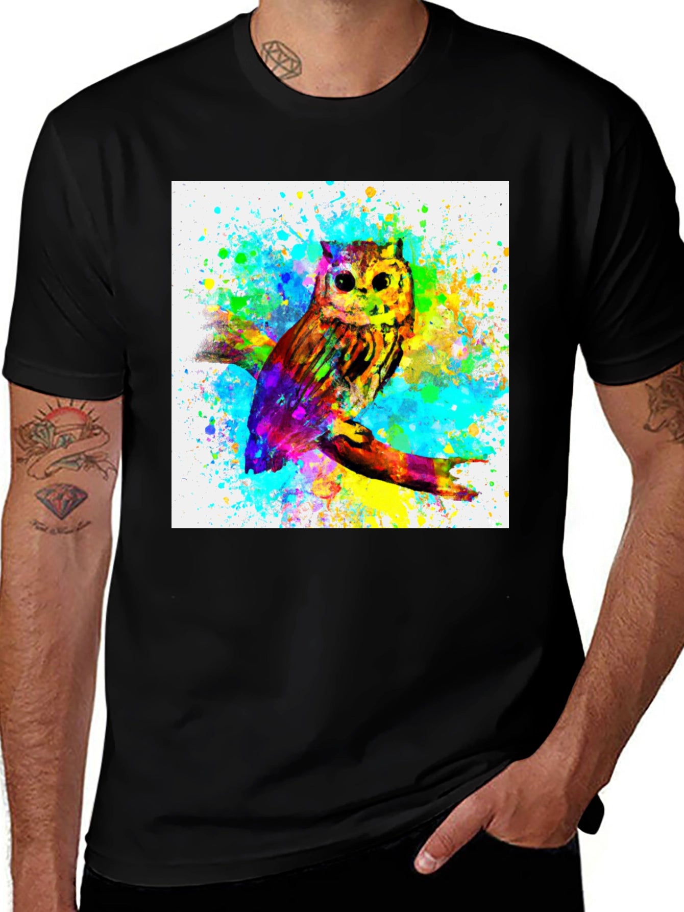 Watercolor Owl Graphic Black T-Shirt