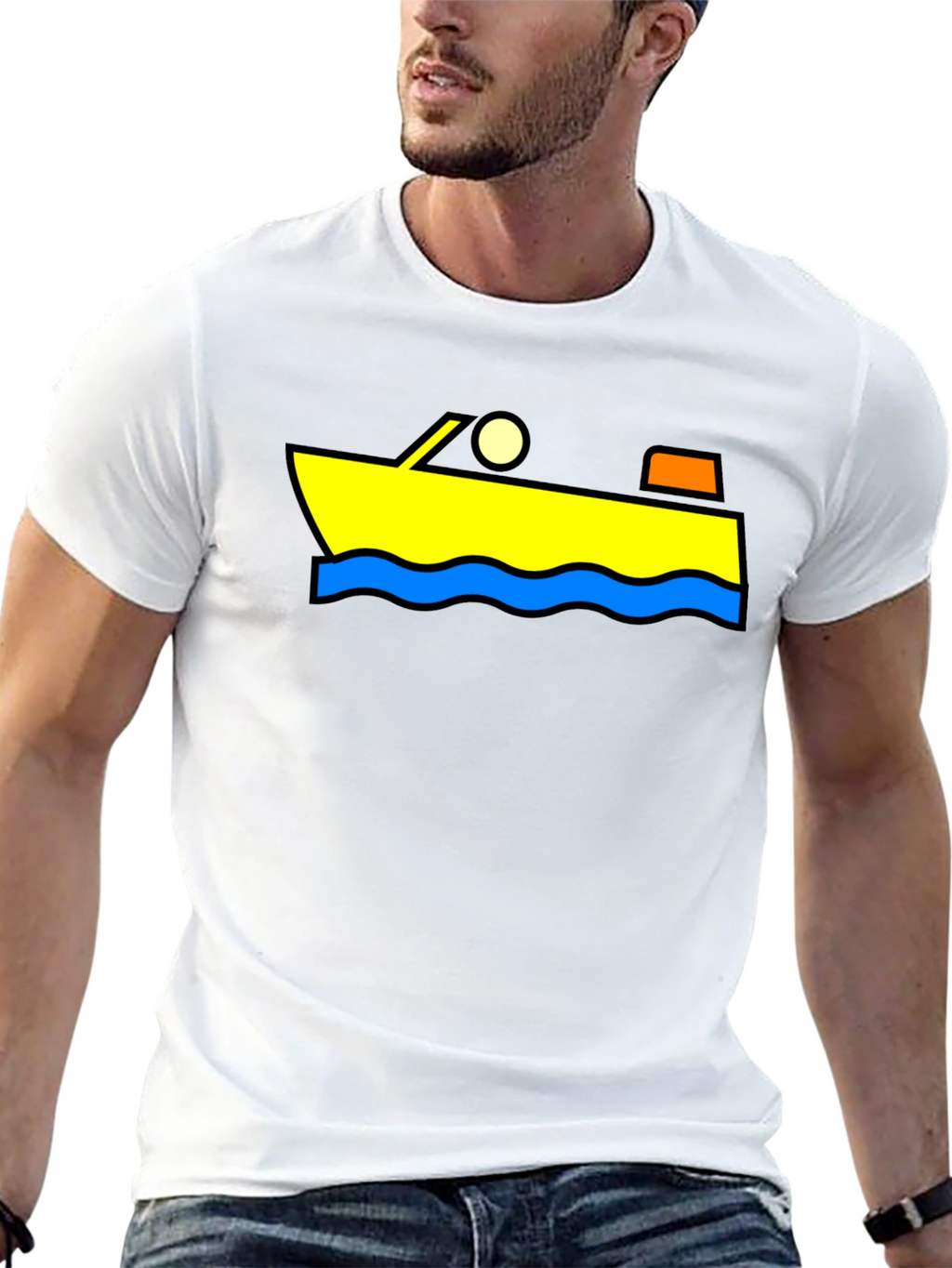 Cartoon Boat Graphic Tee - Black Cotton T-Shirt