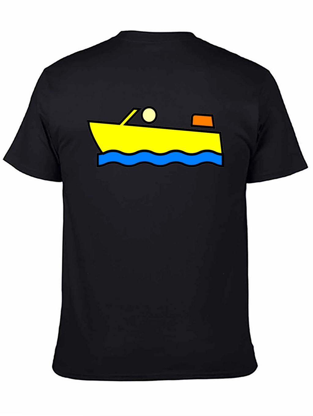 Cartoon Boat Graphic Tee - Black Cotton T-Shirt