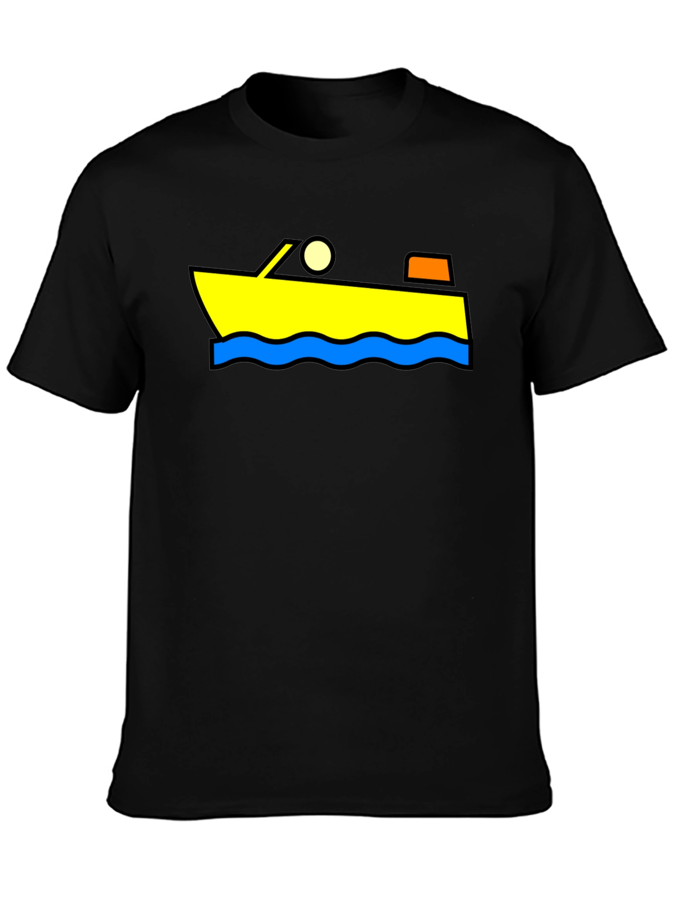 Cartoon Boat Graphic Tee - Black Cotton T-Shirt