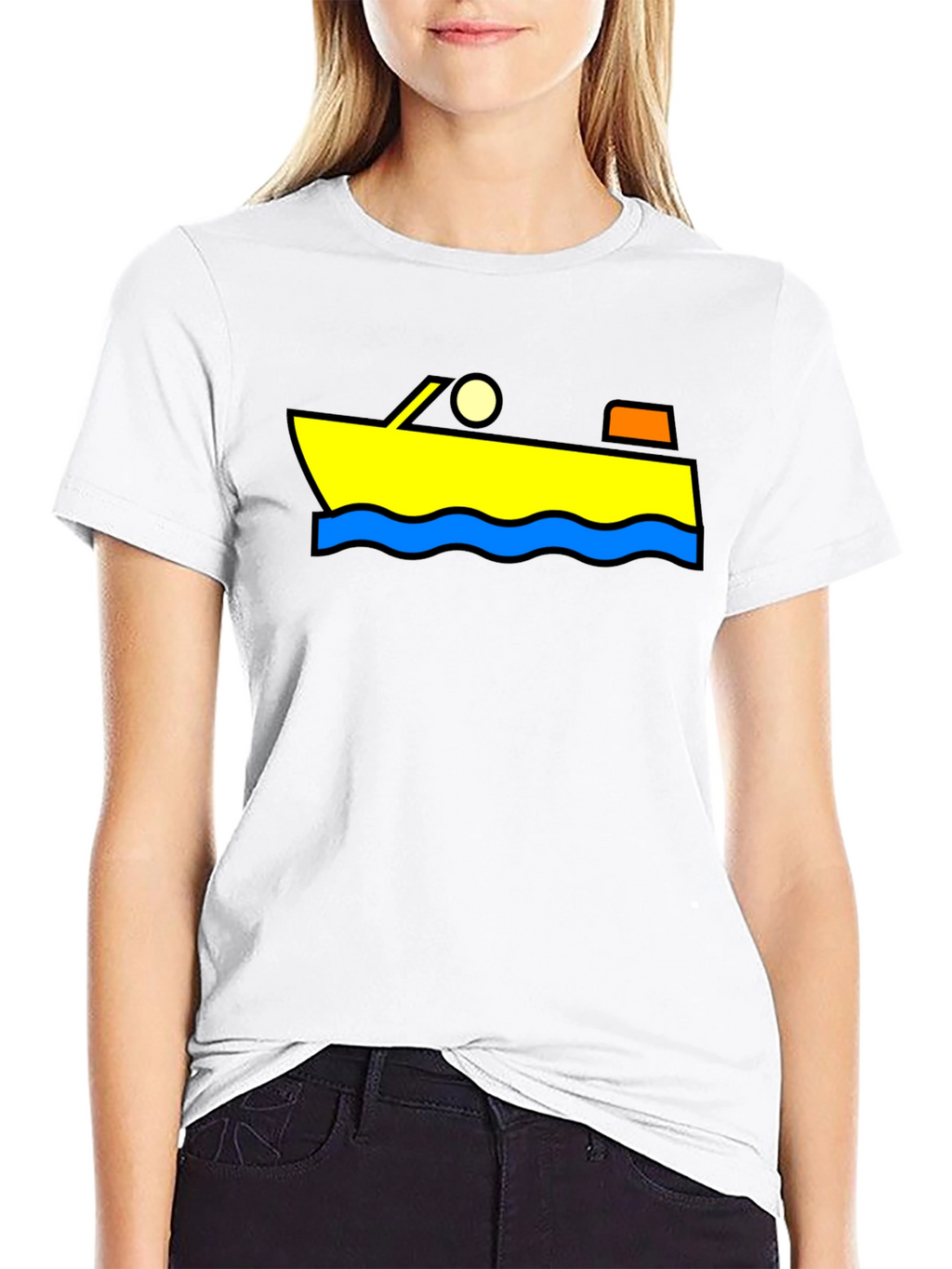 Cartoon Boat Graphic Tee - Black Cotton T-Shirt