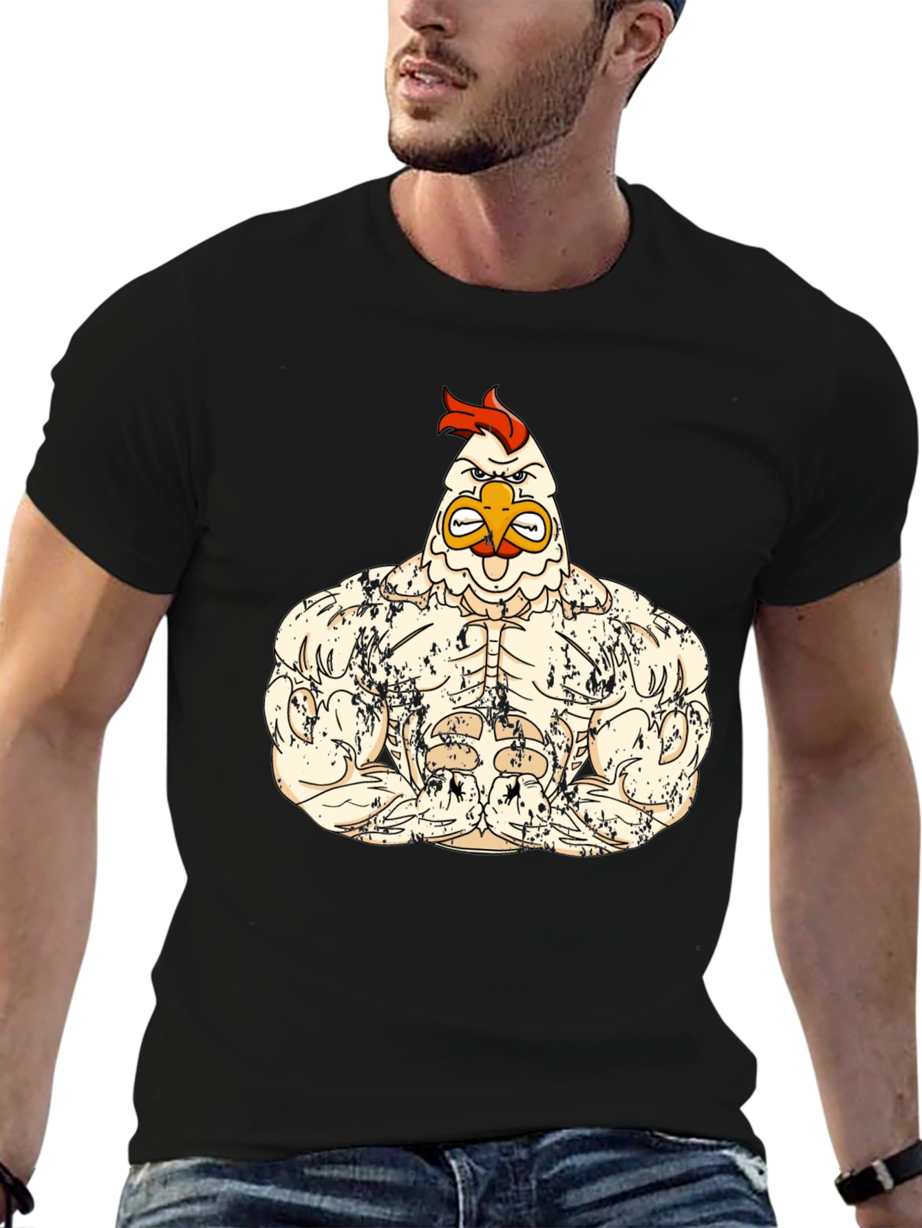 Muscled Chicken Graphic Tee - Black Cotton T-Shirt