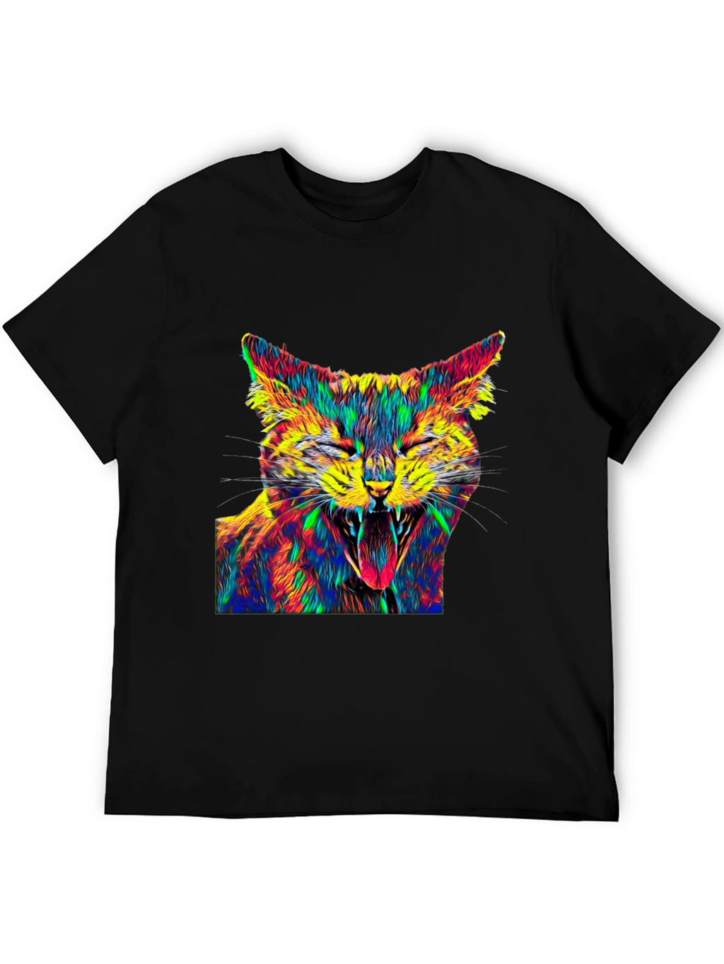 Psychedelic Cat Graphic Tee - Black Cotton T-Shirt
