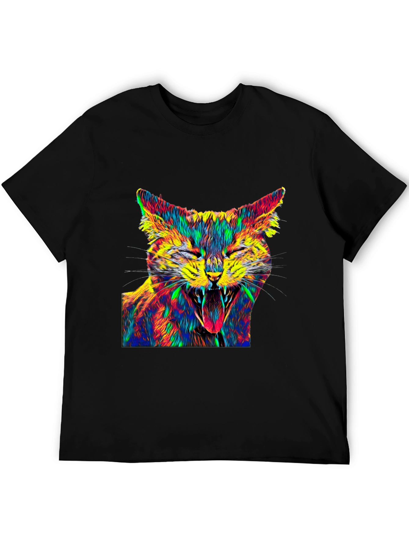 Psychedelic Cat Graphic Tee - Black Cotton T-Shirt