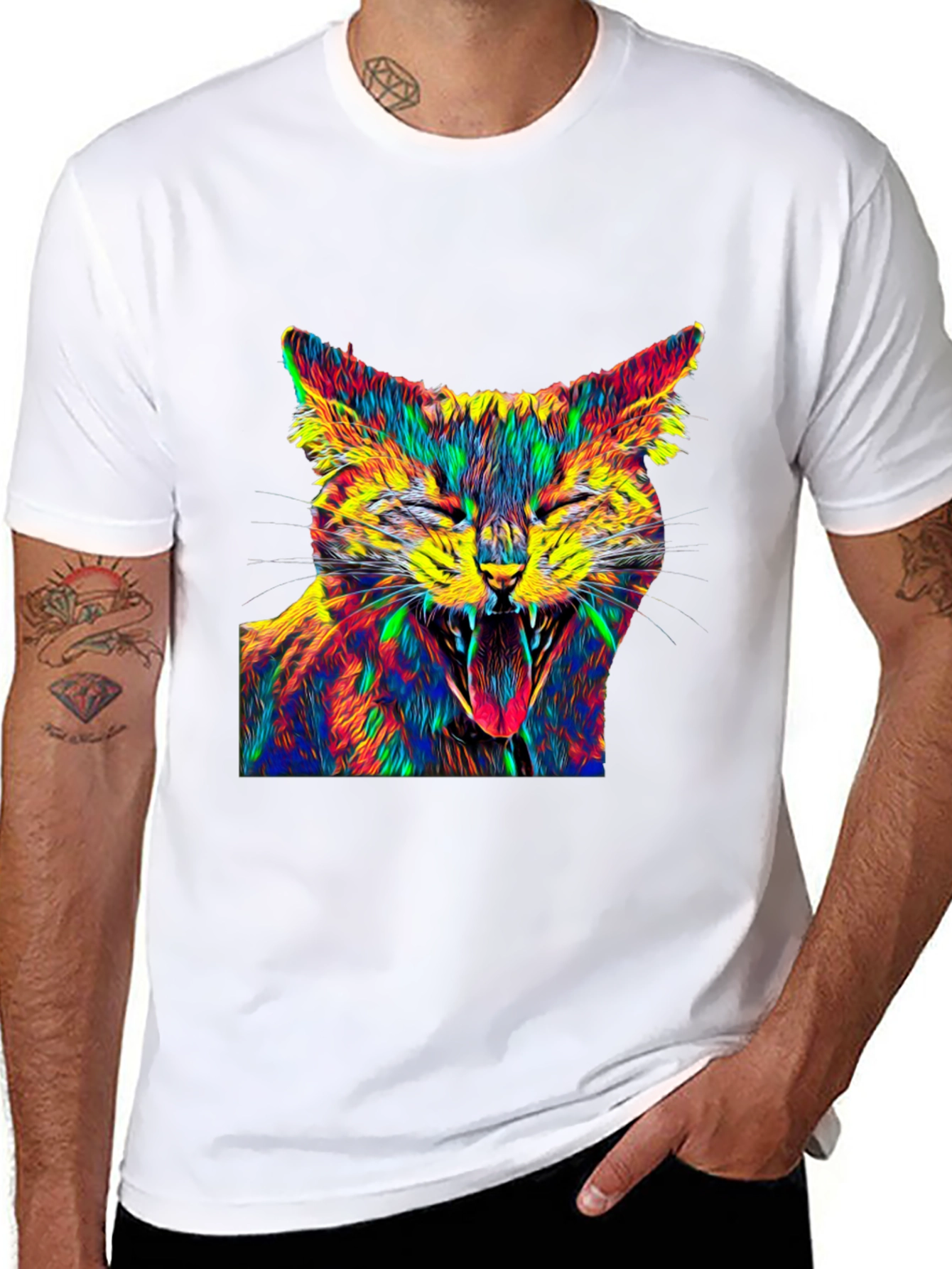 Psychedelic Cat Graphic Tee - Black Cotton T-Shirt