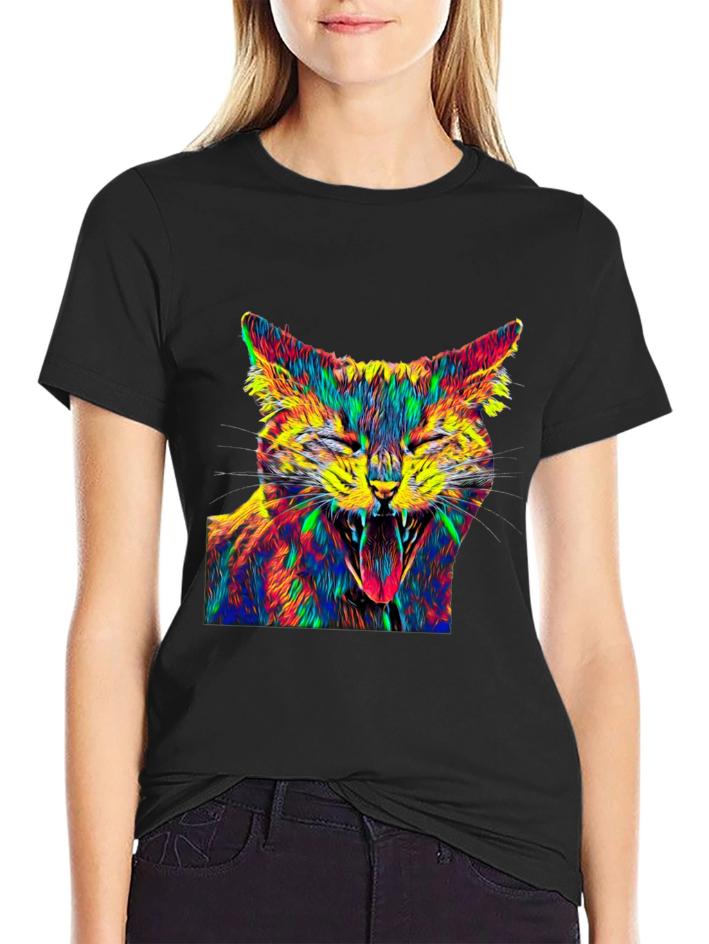 Psychedelic Cat Graphic Tee - Black Cotton T-Shirt
