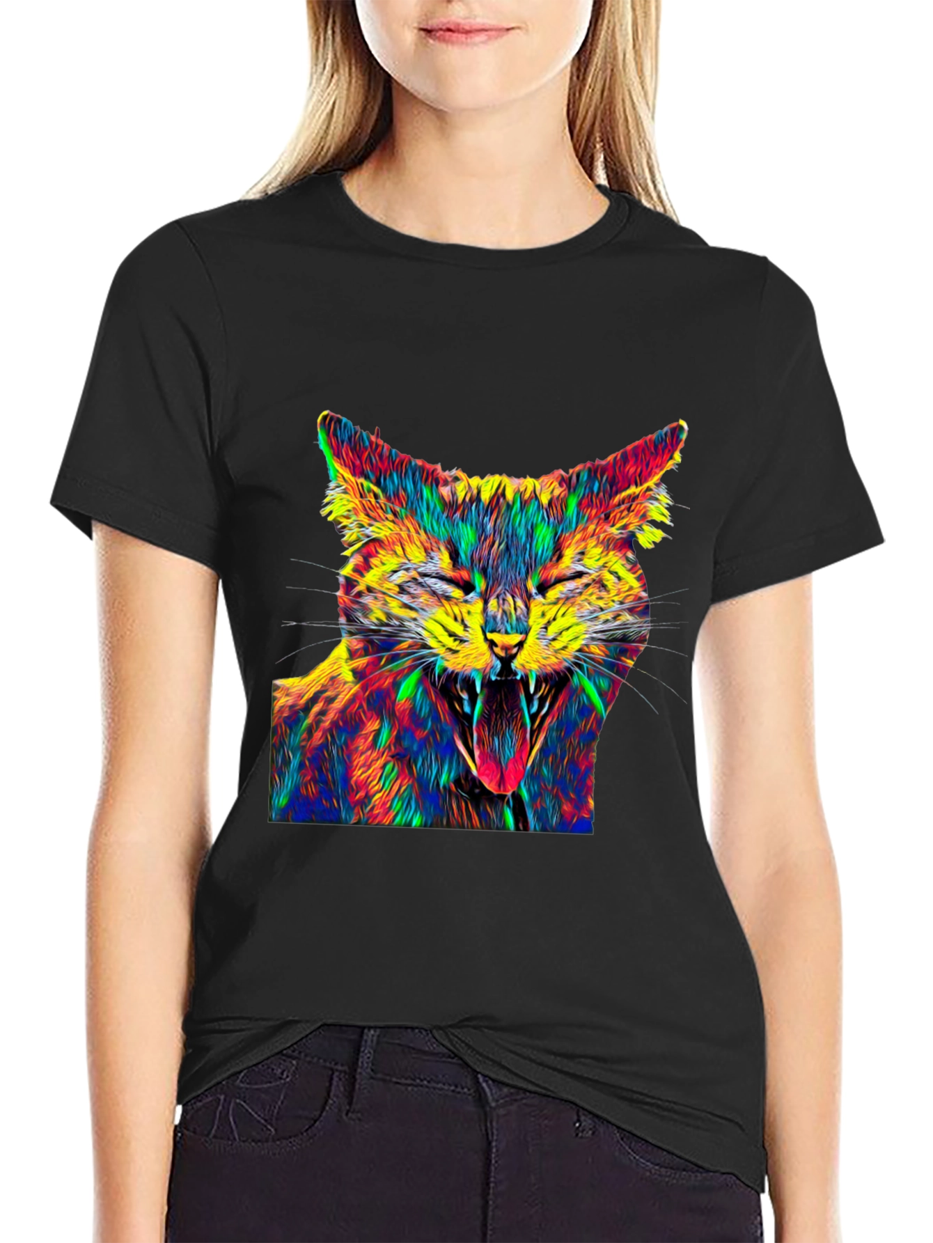 Psychedelic Cat Graphic Tee - Black Cotton T-Shirt