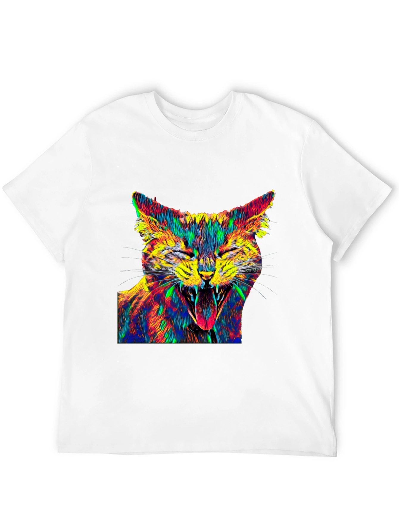 Psychedelic Cat Graphic Tee - Black Cotton T-Shirt