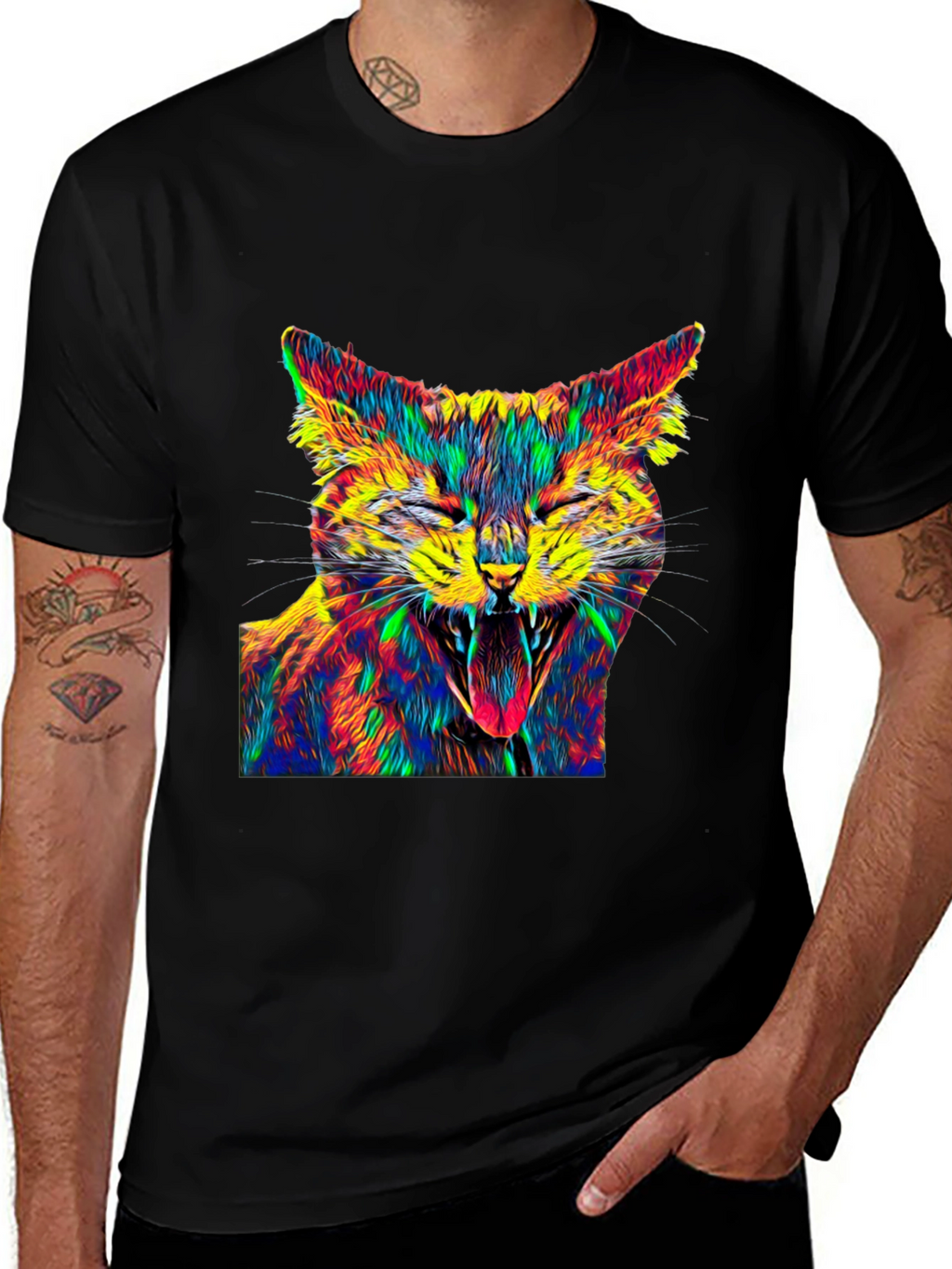 Psychedelic Cat Graphic Tee - Black Cotton T-Shirt