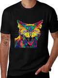 Psychedelic Cat Graphic Tee - Black Cotton T-Shirt