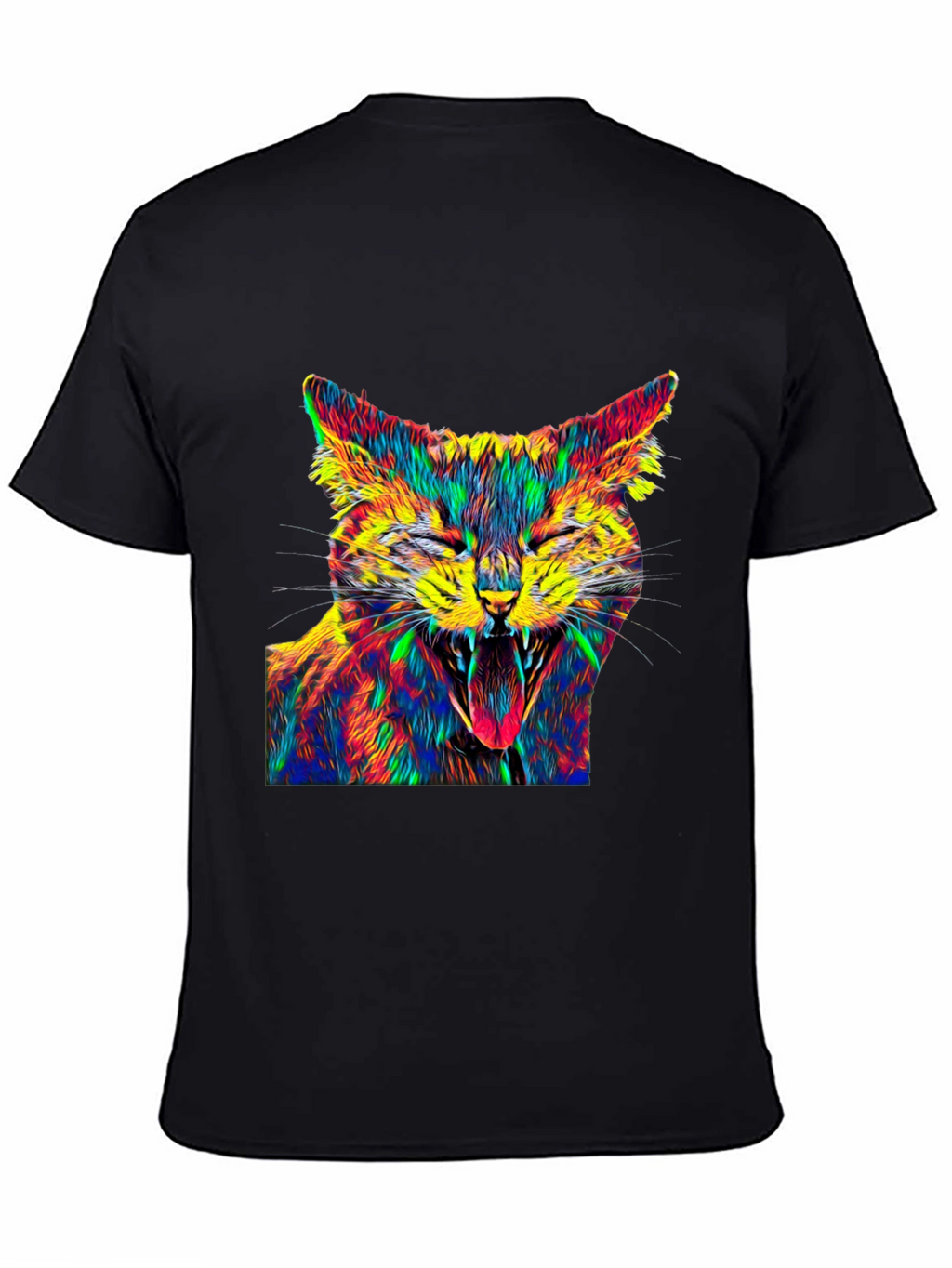 Psychedelic Cat Graphic Tee - Black Cotton T-Shirt