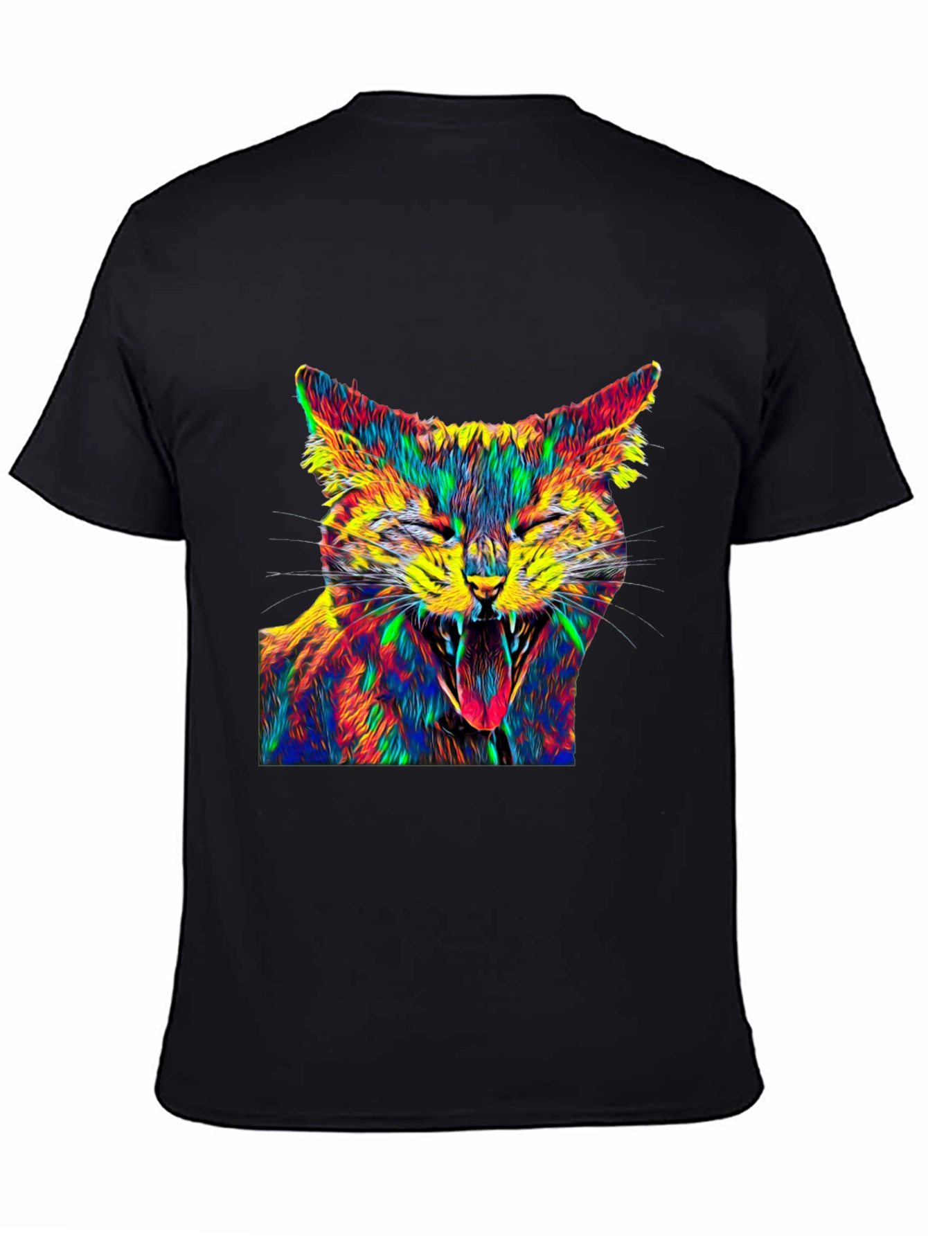 Psychedelic Cat Graphic Tee - Black Cotton T-Shirt