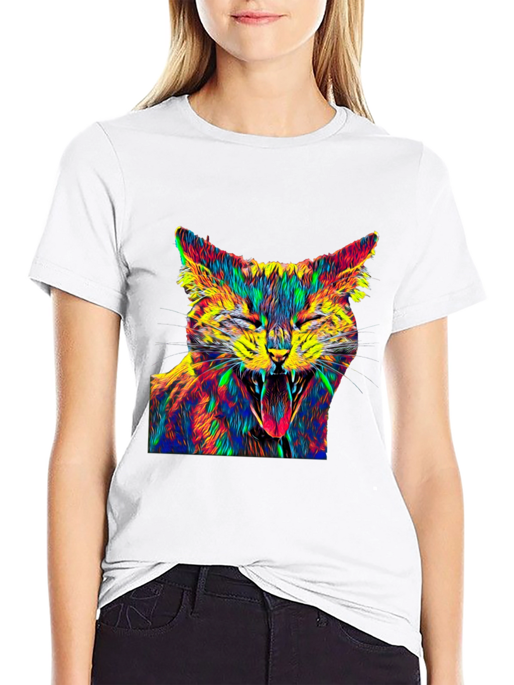 Psychedelic Cat Graphic Tee - Black Cotton T-Shirt