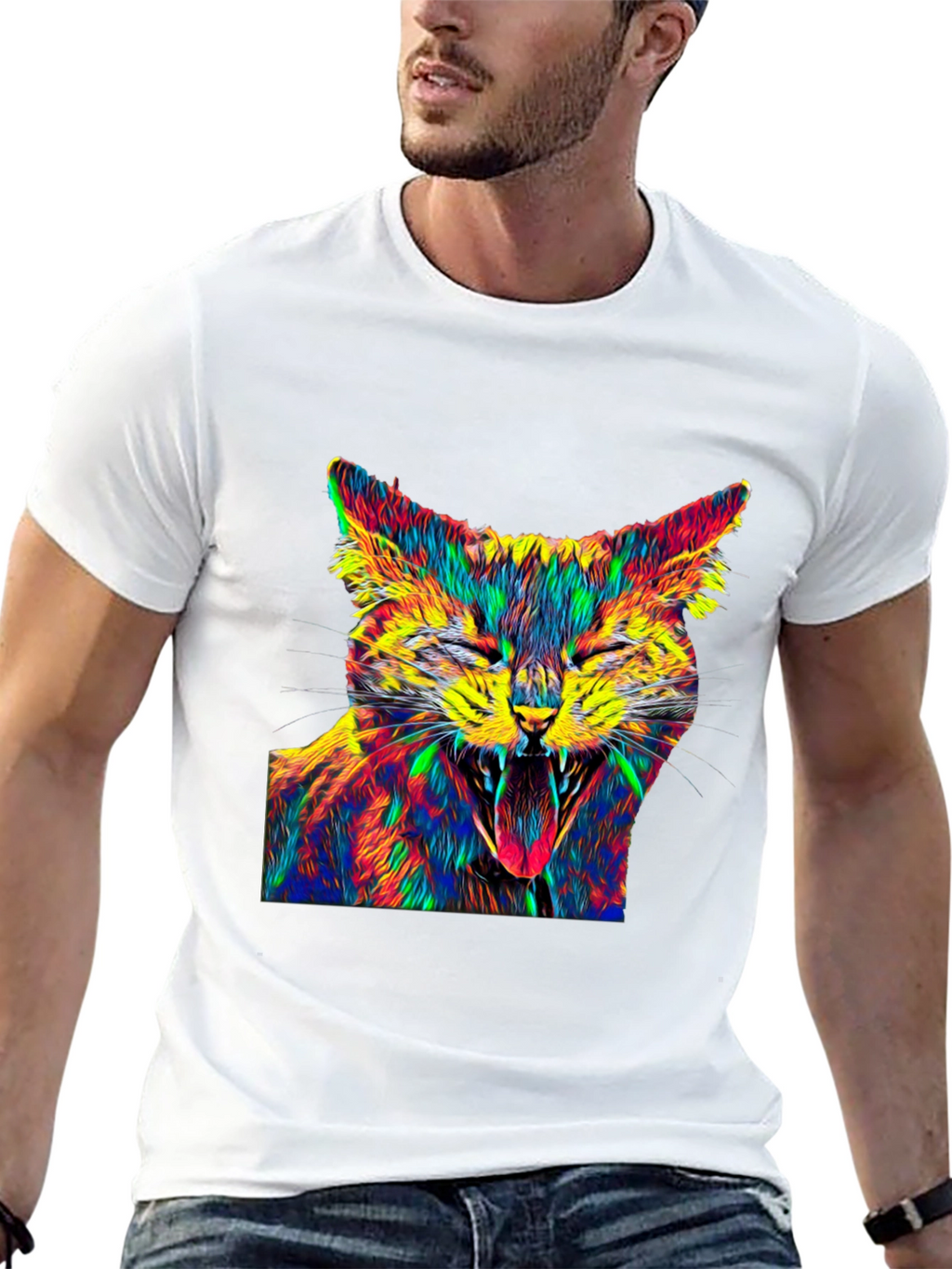 Psychedelic Cat Graphic Tee - Black Cotton T-Shirt