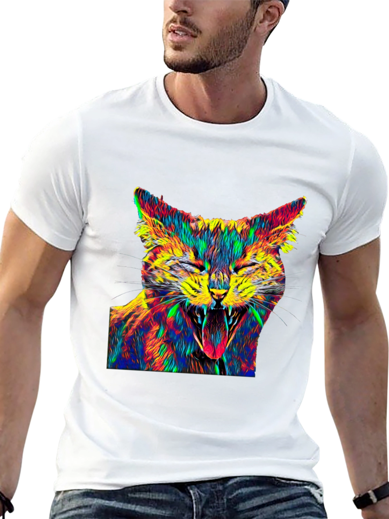 Psychedelic Cat Graphic Tee - Black Cotton T-Shirt
